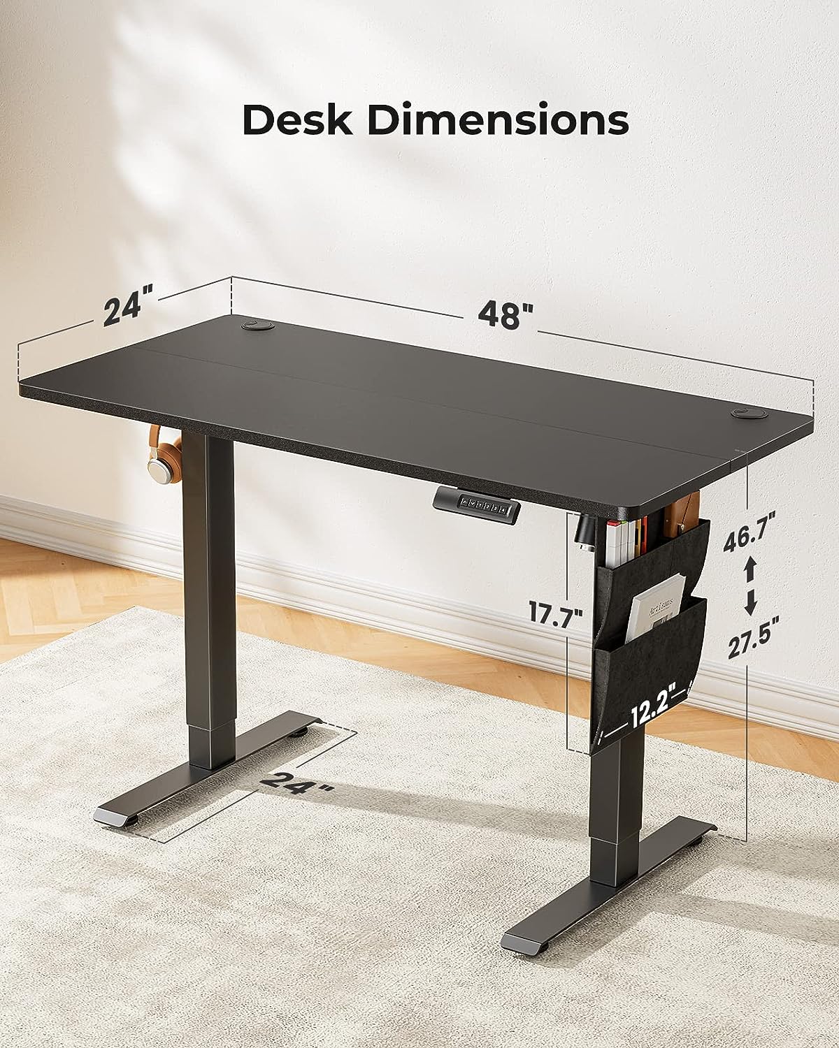 Standing Desk Adjustable Height, 40x24 Inch Electric Standing Desk with Storage Bag, Stand up Desk for Home Office Computer Desk Memory Preset with Headphone Hook
