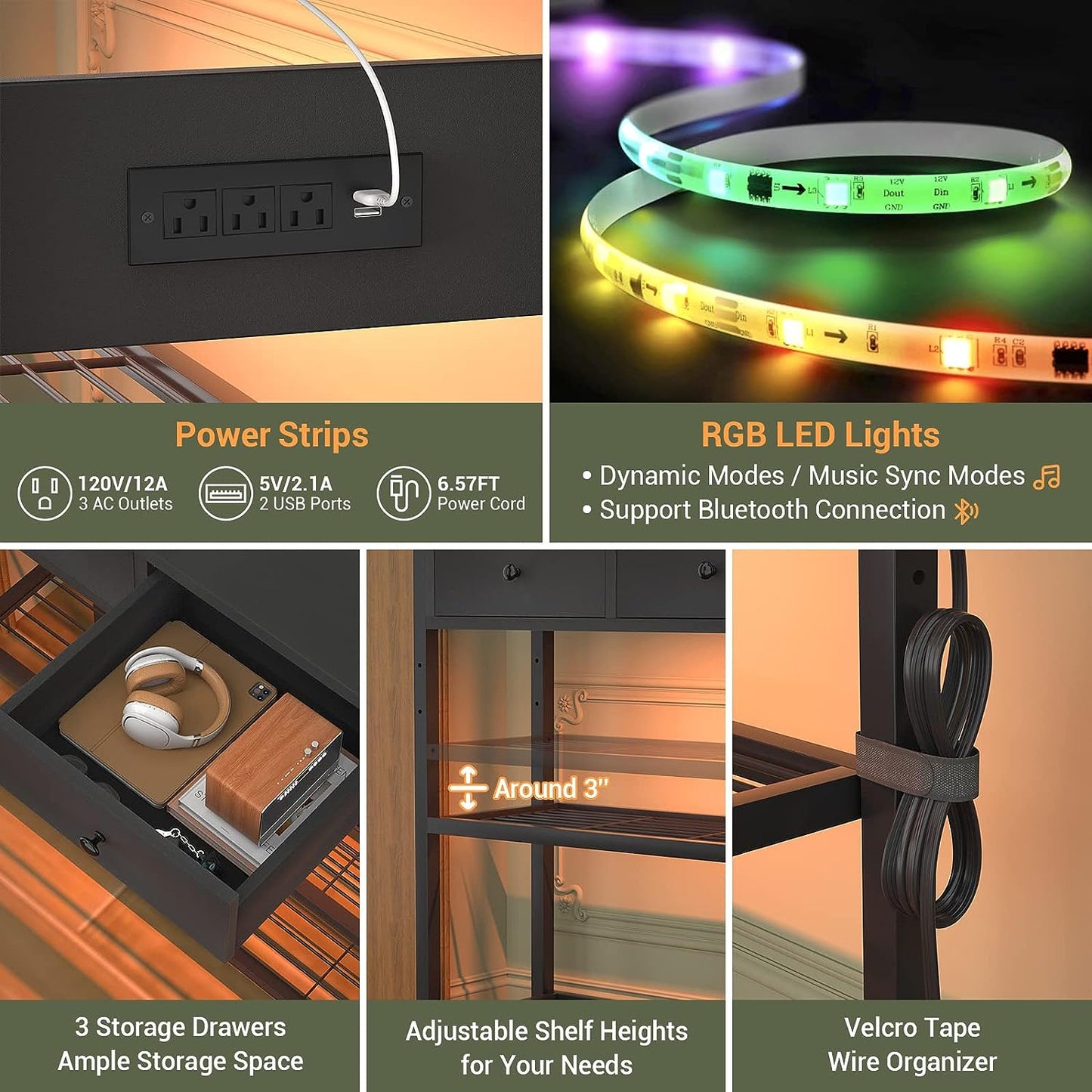 Console Table for Entryway with Power Strip, Entryway Table with RGB LED Lights, Entry Table with Storage Drawers, Sofa Tables Narrow Long for Living Room, Couch, Hallway, Foyer