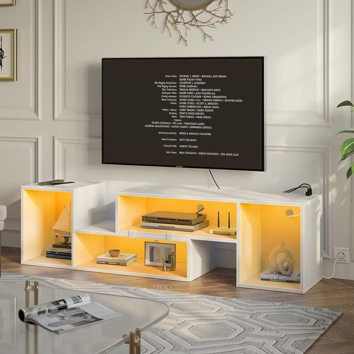 TV Stand, Deformable Stand with LED Strip & Power Outlets, Modern for 45/50/55/60/65/70 inch TVs, Gaming Entertainment Center Media 2 Pieces Console Cabinet