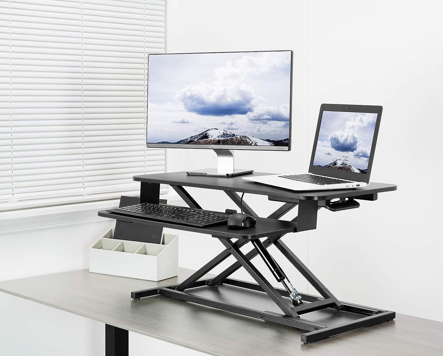 Height Adjustable 32 inch Stand Up Desk Converter, Quick Sit to Stand Tabletop Dual Monitor Riser Workstation