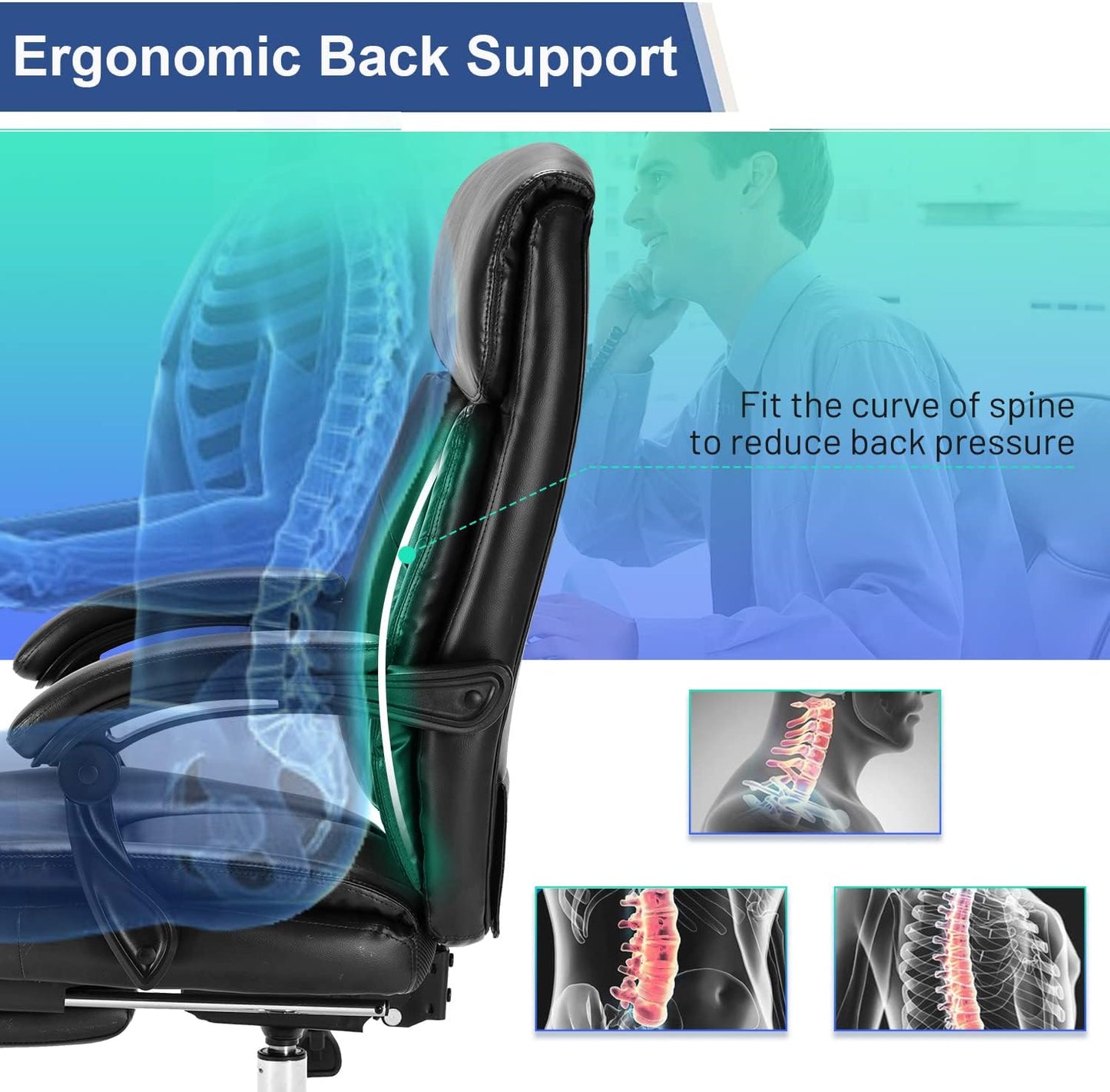 Executive Office Chair, Ergonomic Big and Tall Leather Swivel Rolling Managerial Reclining Computer Desk Task Chair, Adjustable High Back Recliner Chair with Padded Armrests and Retractable Footrest