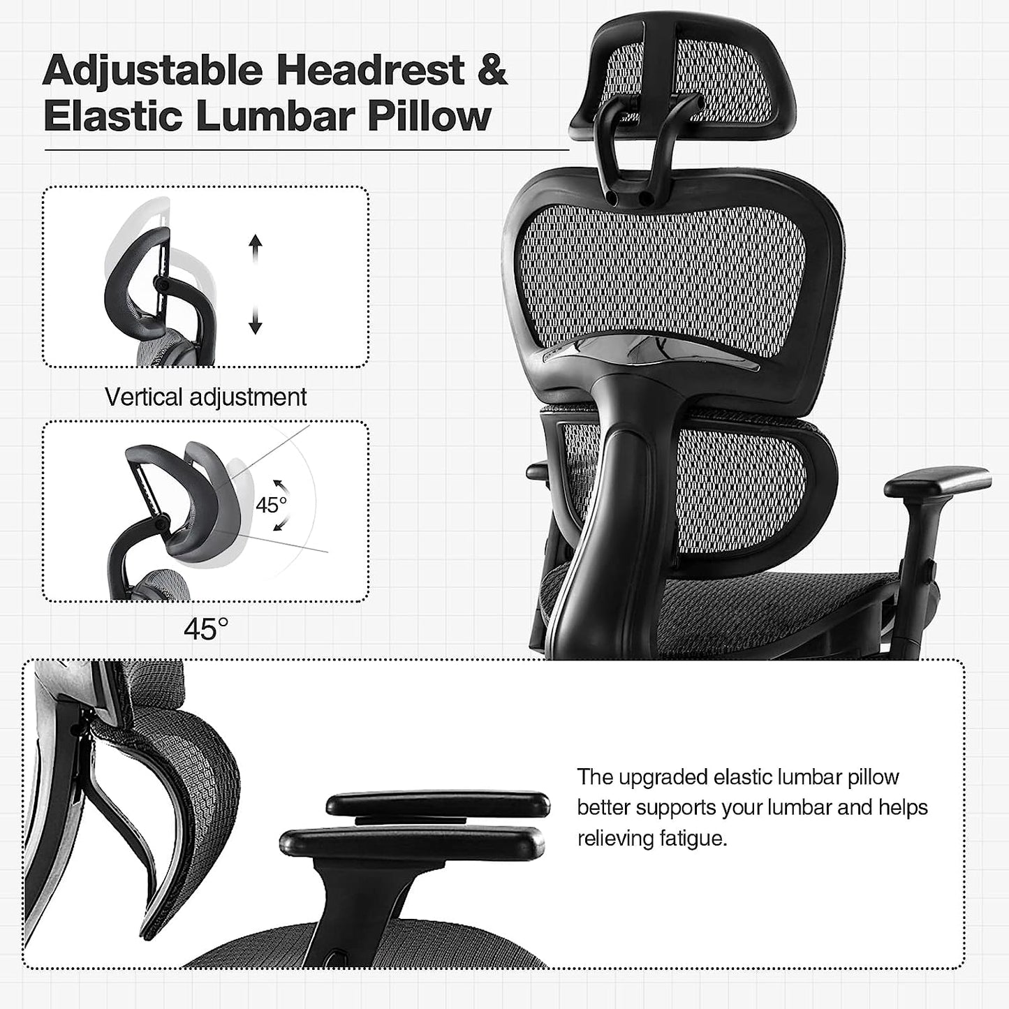 Ergonomic High Back Office Chair - High Office Chair with Headrest, Lumbar Support, Movable Armrests, Swivel Mesh Office Chair with 300 lbs Weight Capacity Adjustable Height for Home Office, Executive