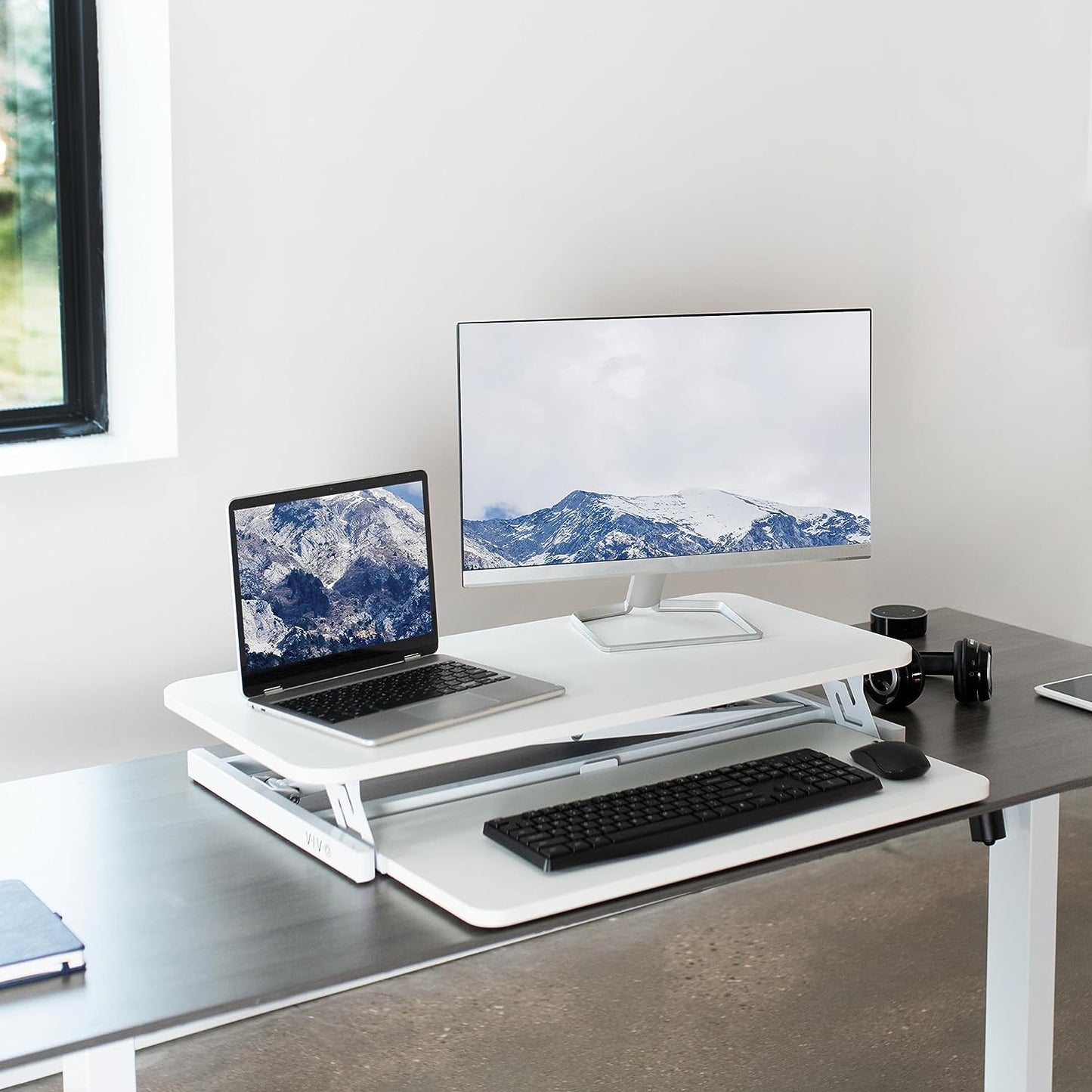 Height Adjustable 32 inch Stand Up Desk Converter, Quick Sit to Stand Tabletop Dual Monitor Riser Workstation