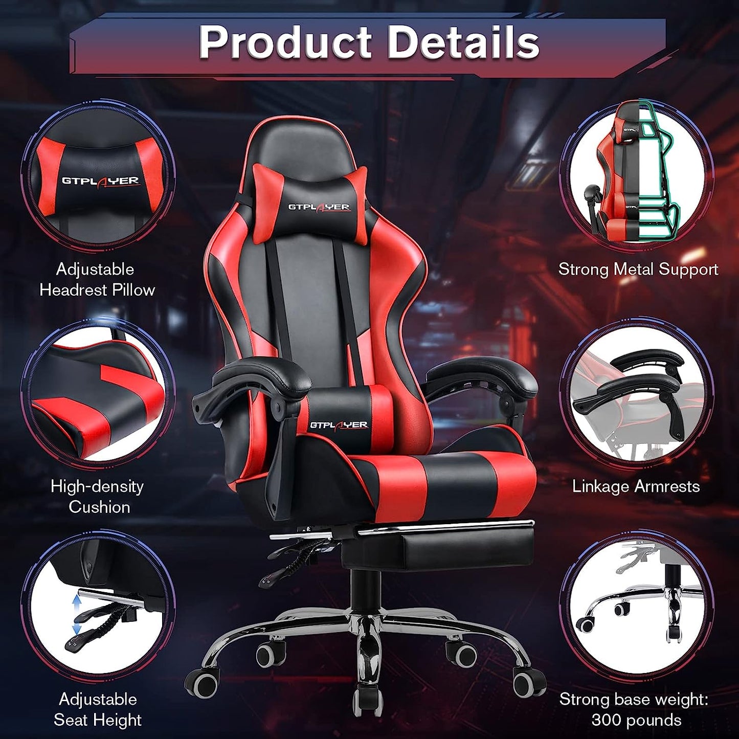 Gaming Chair, Computer Chair with Footrest and Lumbar Support
