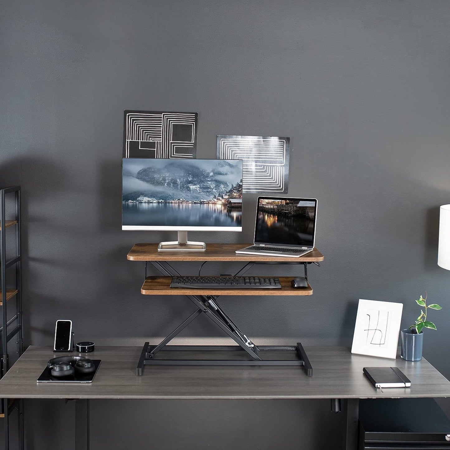 Height Adjustable 32 inch Stand Up Desk Converter, Quick Sit to Stand Tabletop Dual Monitor Riser Workstation