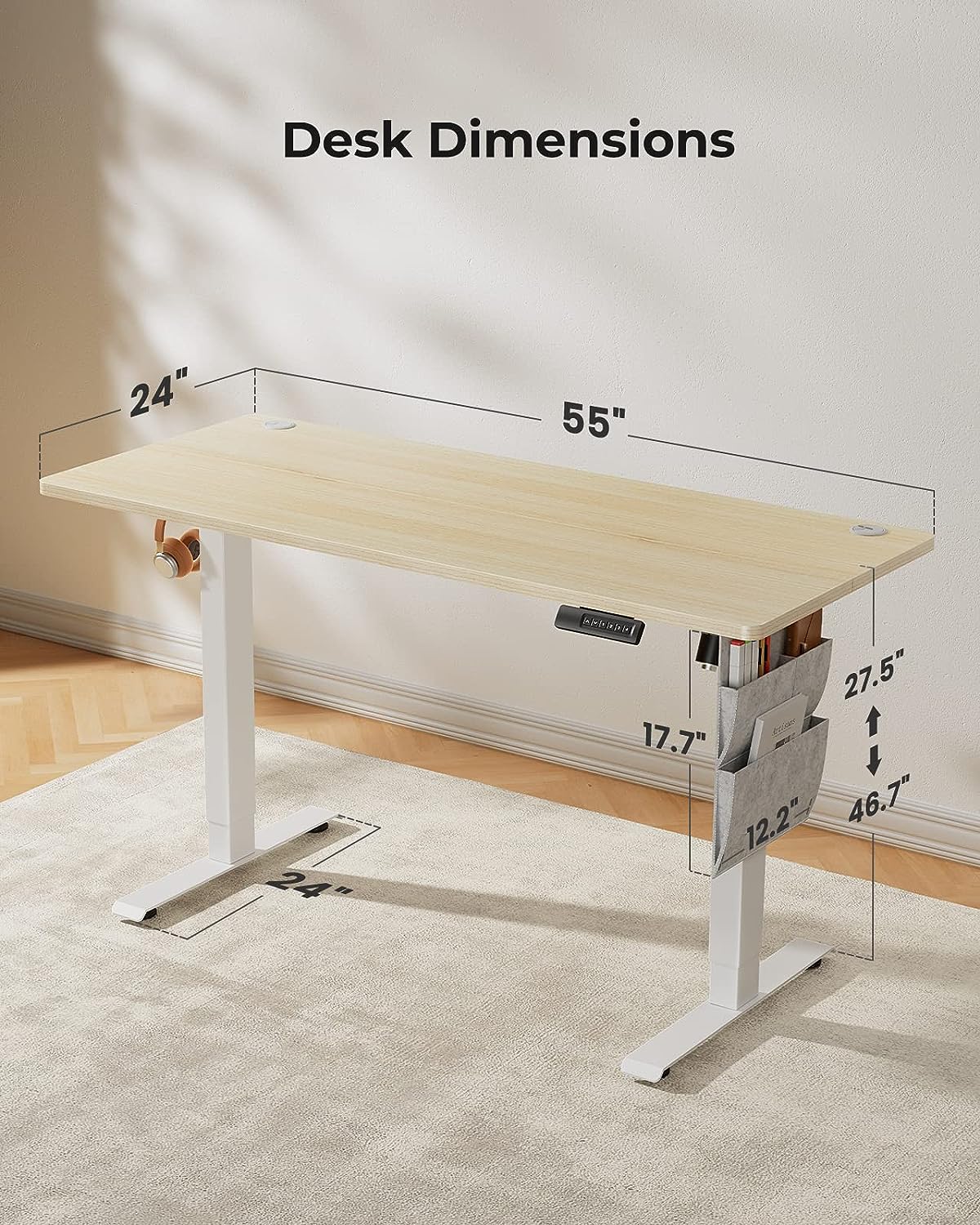 Standing Desk Adjustable Height, 40x24 Inch Electric Standing Desk with Storage Bag, Stand up Desk for Home Office Computer Desk Memory Preset with Headphone Hook