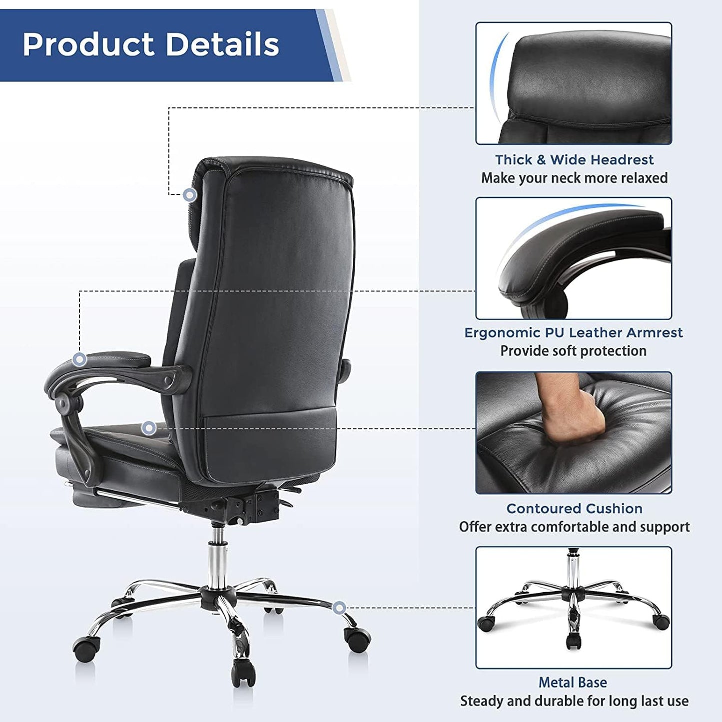 Executive Office Chair, Ergonomic Big and Tall Leather Swivel Rolling Managerial Reclining Computer Desk Task Chair, Adjustable High Back Recliner Chair with Padded Armrests and Retractable Footrest