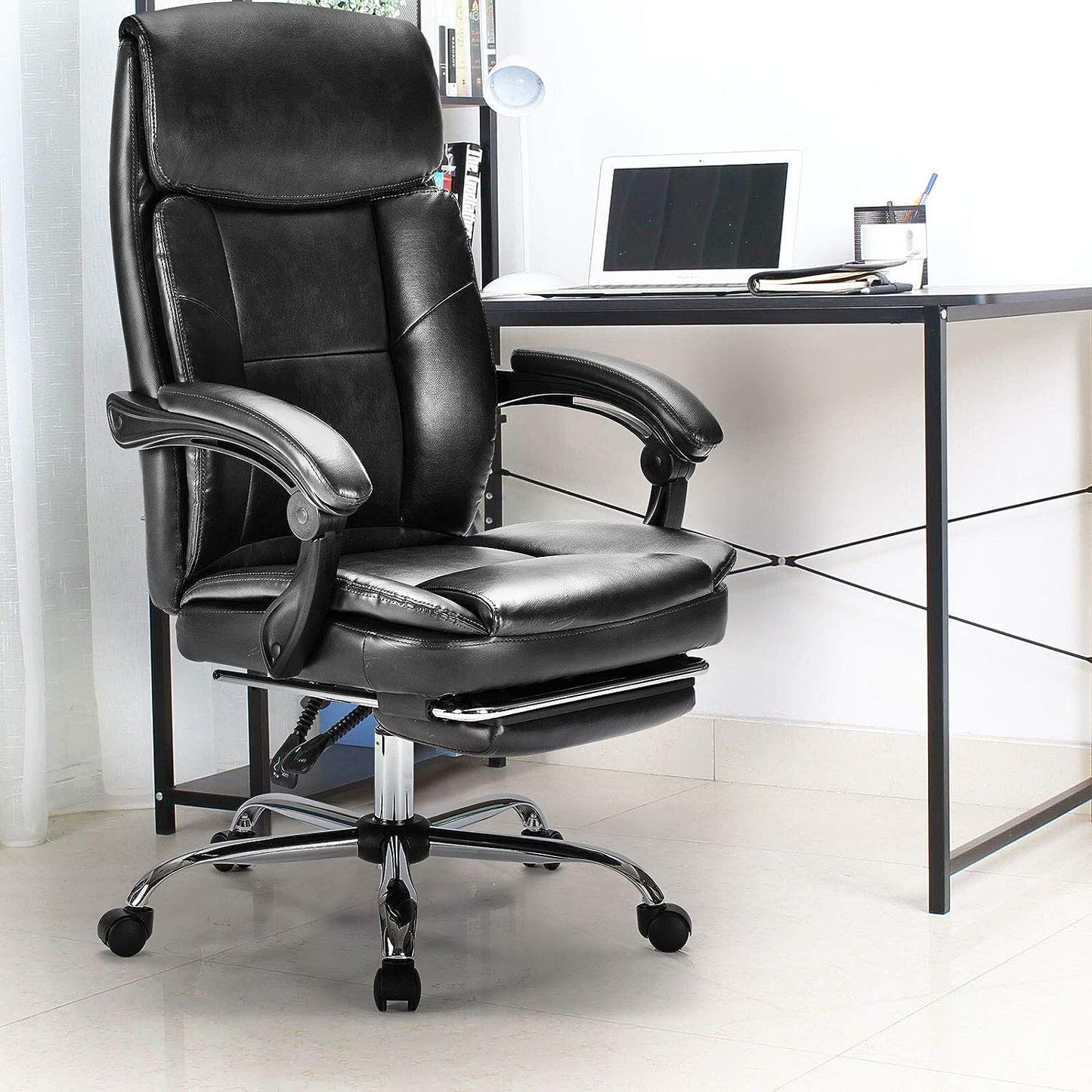 Executive Office Chair, Ergonomic Big and Tall Leather Swivel Rolling Managerial Reclining Computer Desk Task Chair, Adjustable High Back Recliner Chair with Padded Armrests and Retractable Footrest