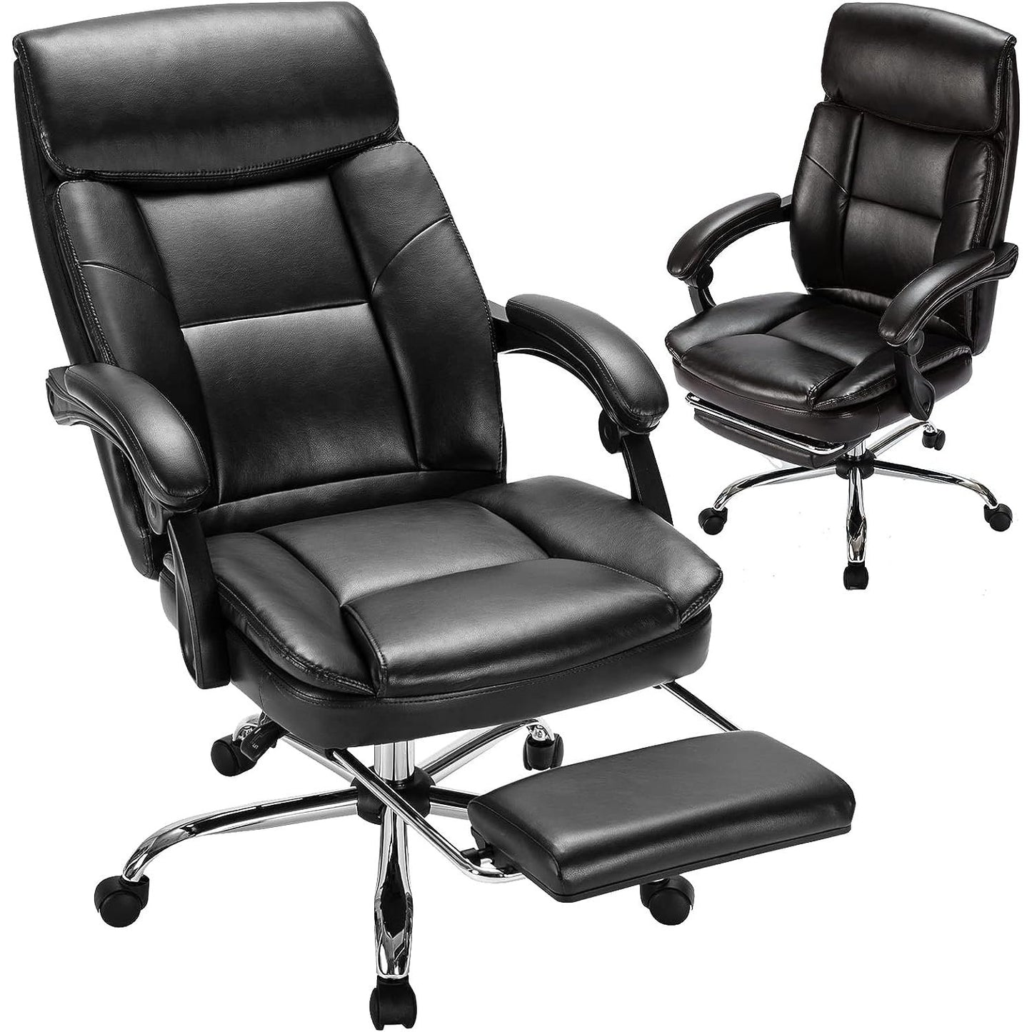 Executive Office Chair, Ergonomic Big and Tall Leather Swivel Rolling Managerial Reclining Computer Desk Task Chair, Adjustable High Back Recliner Chair with Padded Armrests and Retractable Footrest