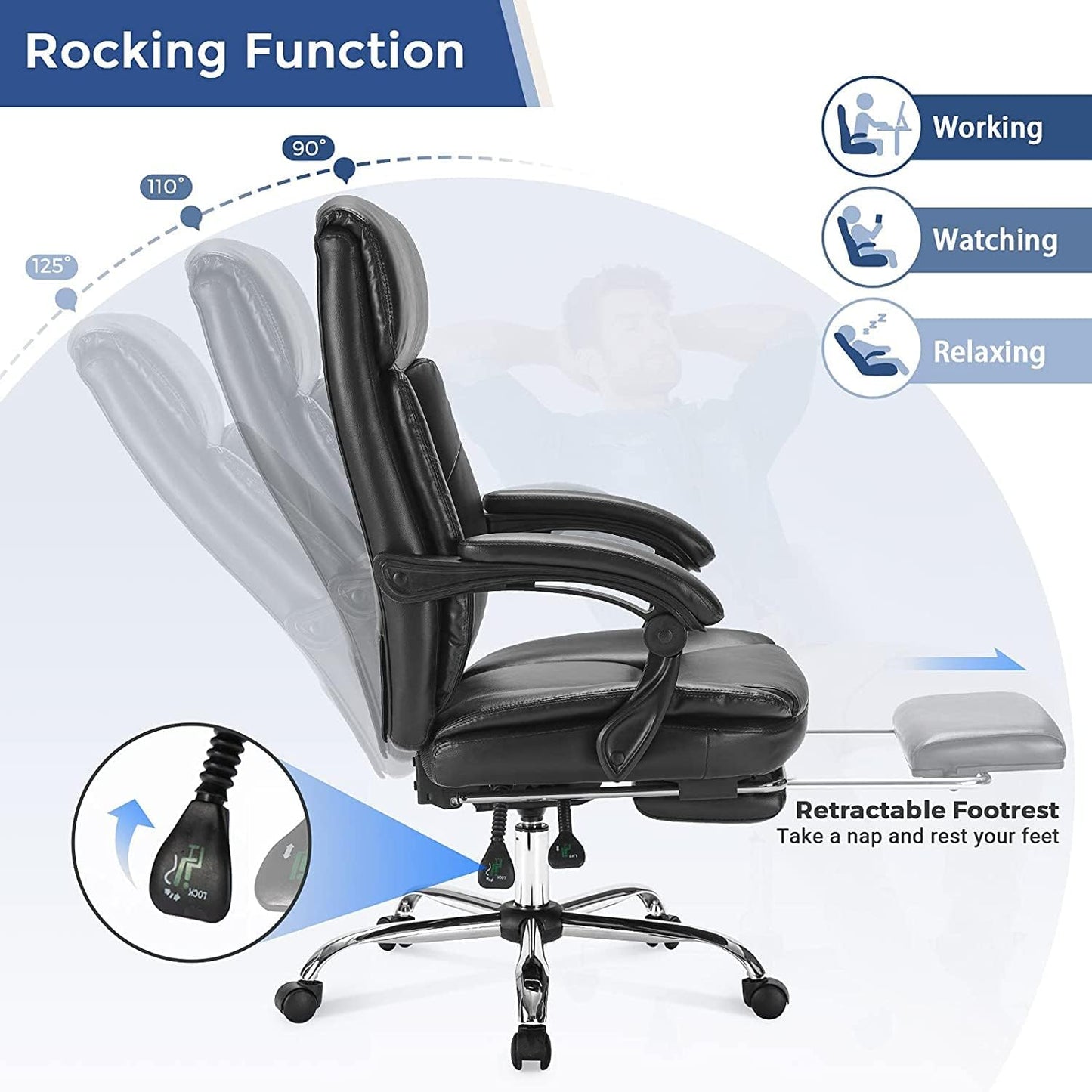 Executive Office Chair, Ergonomic Big and Tall Leather Swivel Rolling Managerial Reclining Computer Desk Task Chair, Adjustable High Back Recliner Chair with Padded Armrests and Retractable Footrest