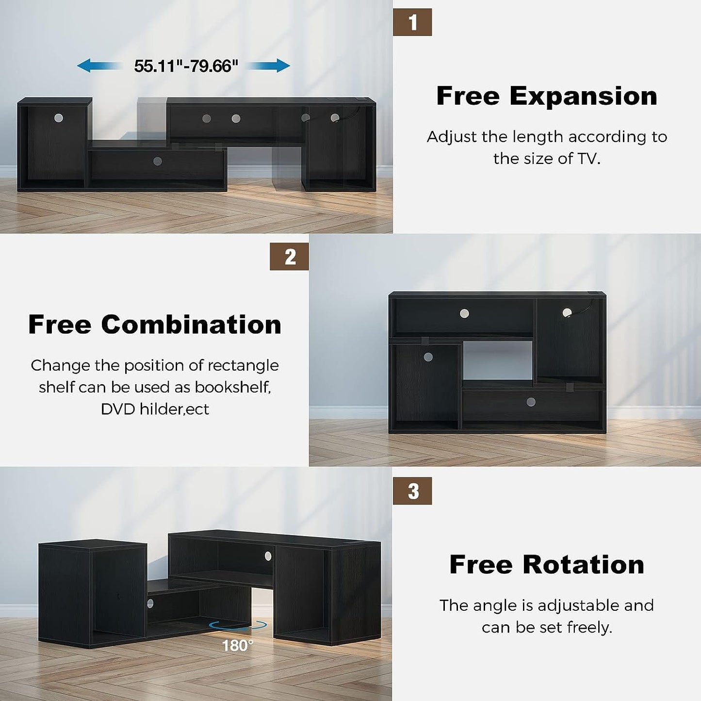 TV Stand, Deformable Stand with LED Strip & Power Outlets, Modern for 45/50/55/60/65/70 inch TVs, Gaming Entertainment Center Media 2 Pieces Console Cabinet