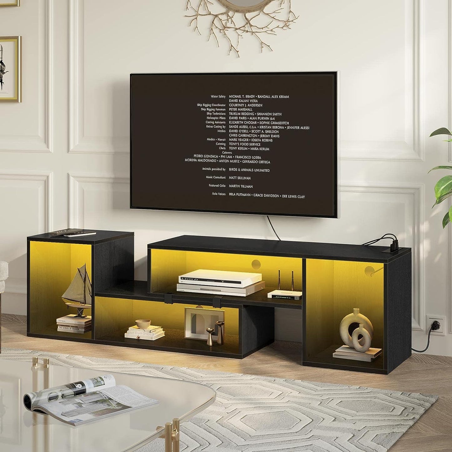 TV Stand, Deformable Stand with LED Strip & Power Outlets, Modern for 45/50/55/60/65/70 inch TVs, Gaming Entertainment Center Media 2 Pieces Console Cabinet