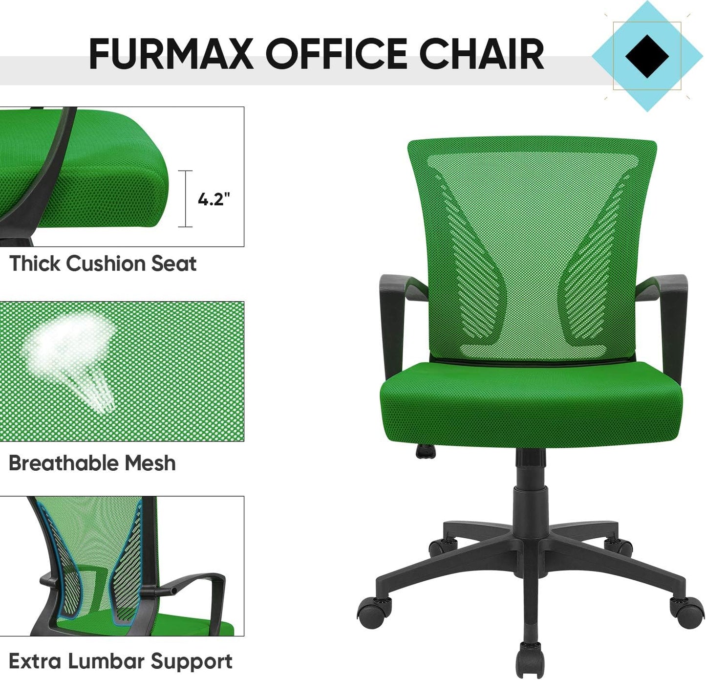 Office Chair Mid Back Swivel Lumbar Support Desk Chair, Computer Ergonomic Mesh Chair with Armrest
