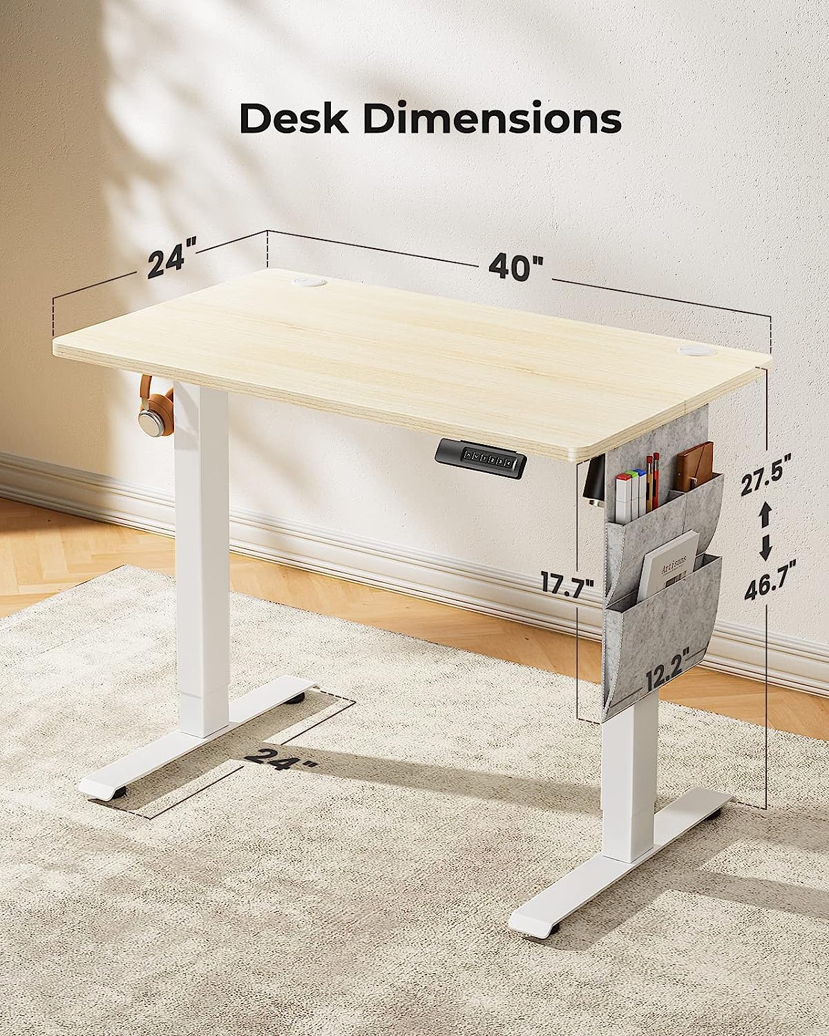 Standing Desk Adjustable Height, 40x24 Inch Electric Standing Desk with Storage Bag, Stand up Desk for Home Office Computer Desk Memory Preset with Headphone Hook