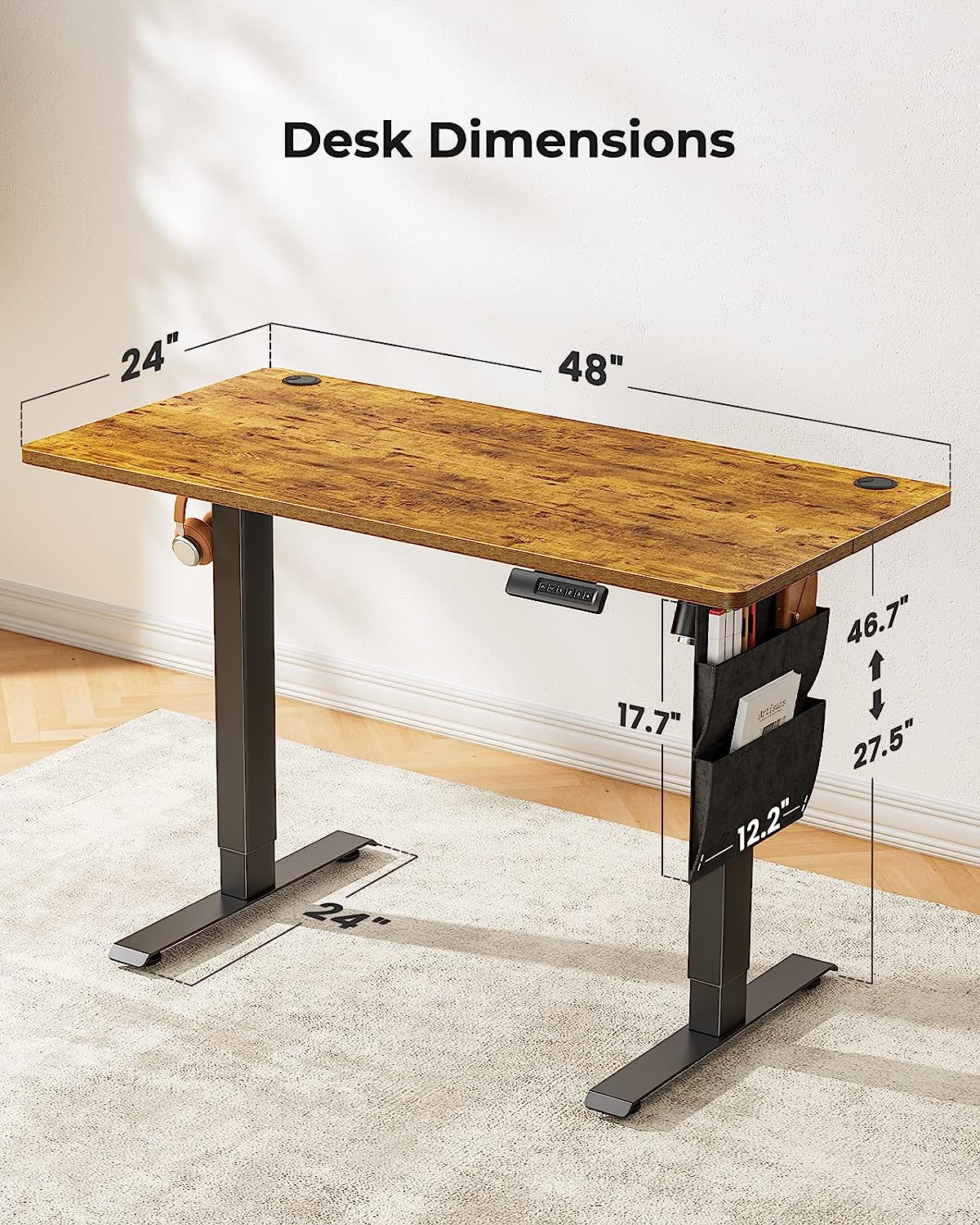 Standing Desk Adjustable Height, 40x24 Inch Electric Standing Desk with Storage Bag, Stand up Desk for Home Office Computer Desk Memory Preset with Headphone Hook