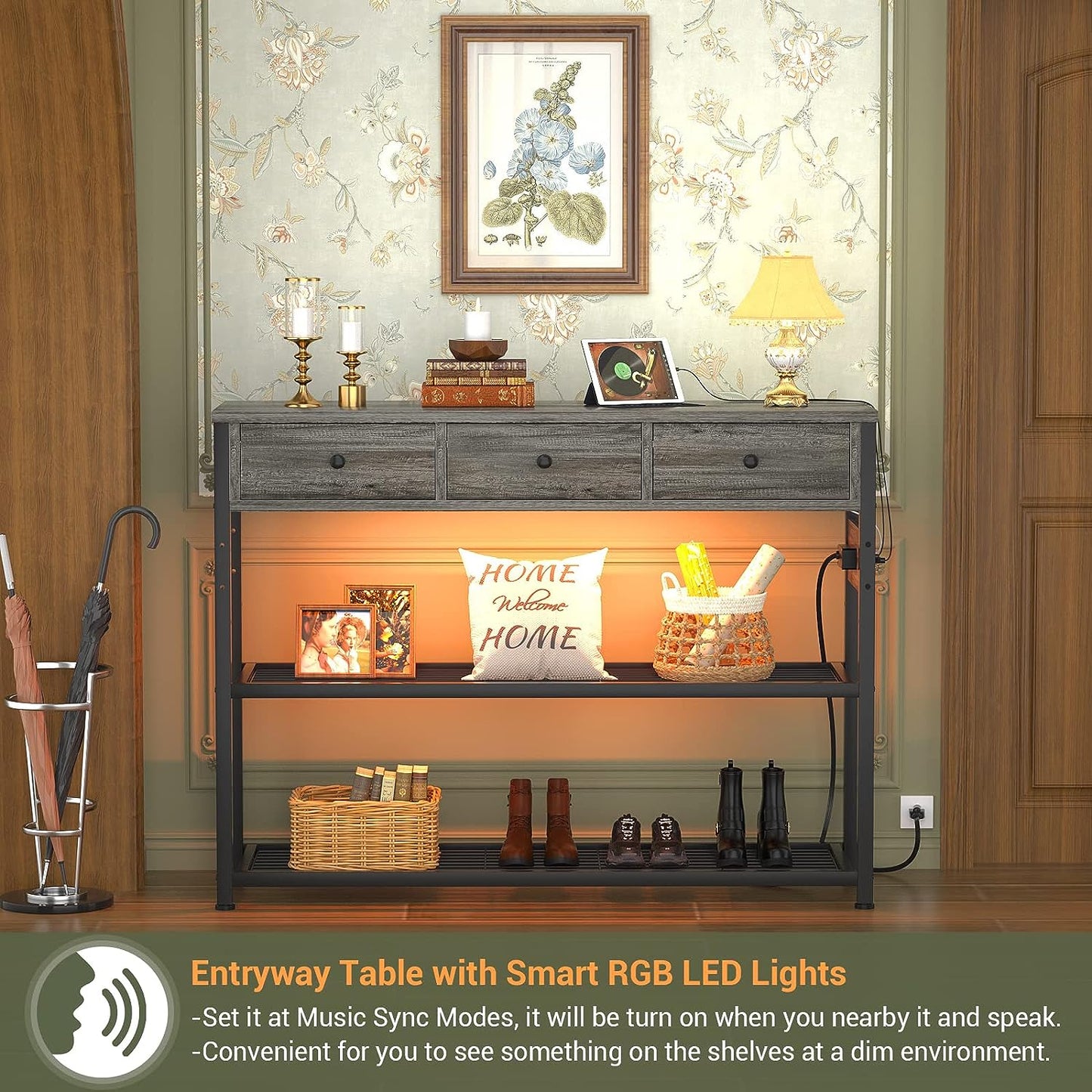 Console Table for Entryway with Power Strip, Entryway Table with RGB LED Lights, Entry Table with Storage Drawers, Sofa Tables Narrow Long for Living Room, Couch, Hallway, Foyer