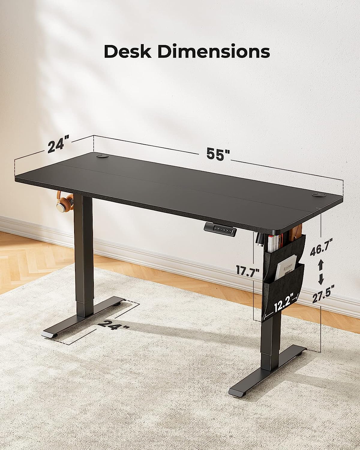 Standing Desk Adjustable Height, 40x24 Inch Electric Standing Desk with Storage Bag, Stand up Desk for Home Office Computer Desk Memory Preset with Headphone Hook