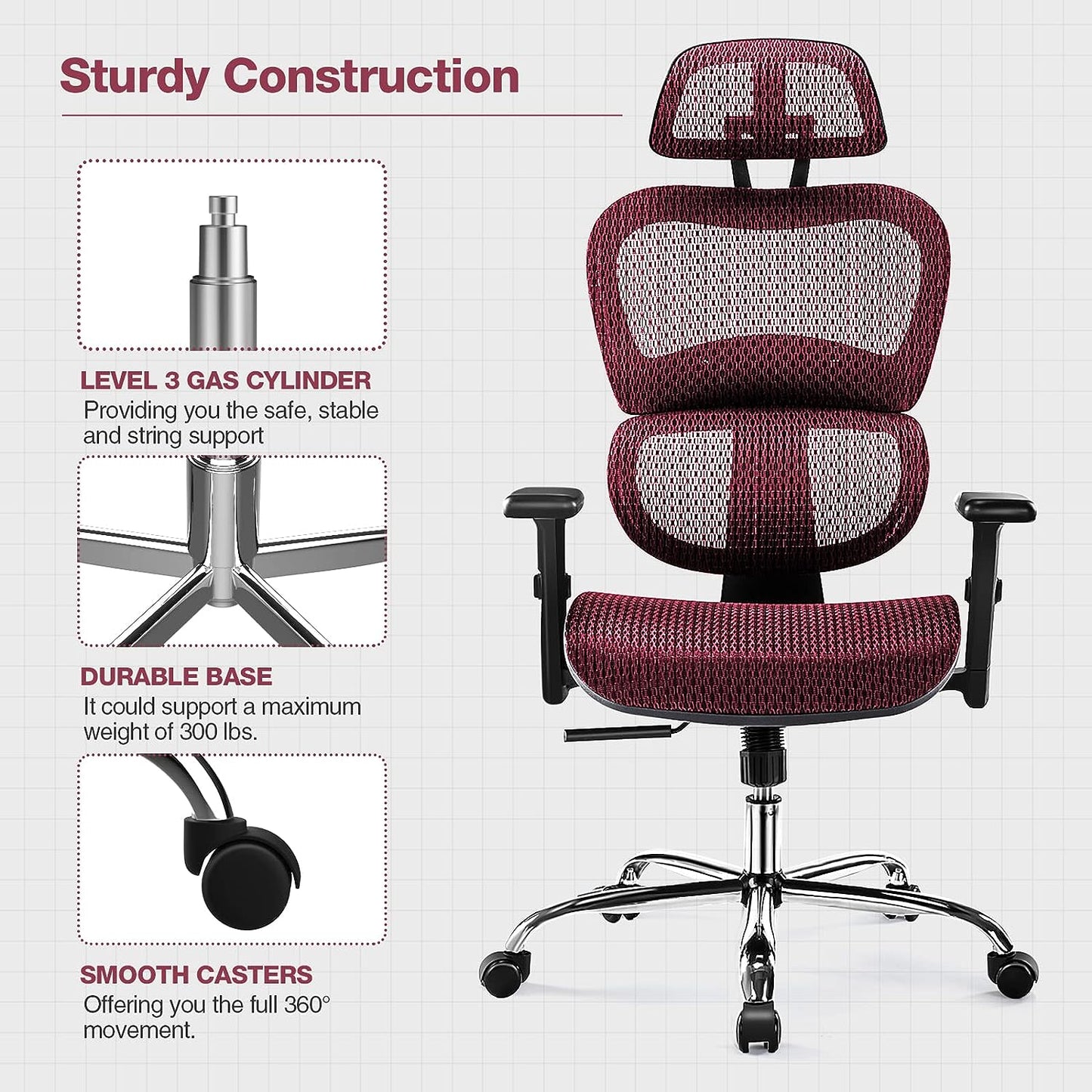 Ergonomic High Back Office Chair - High Office Chair with Headrest, Lumbar Support, Movable Armrests, Swivel Mesh Office Chair with 300 lbs Weight Capacity Adjustable Height for Home Office, Executive