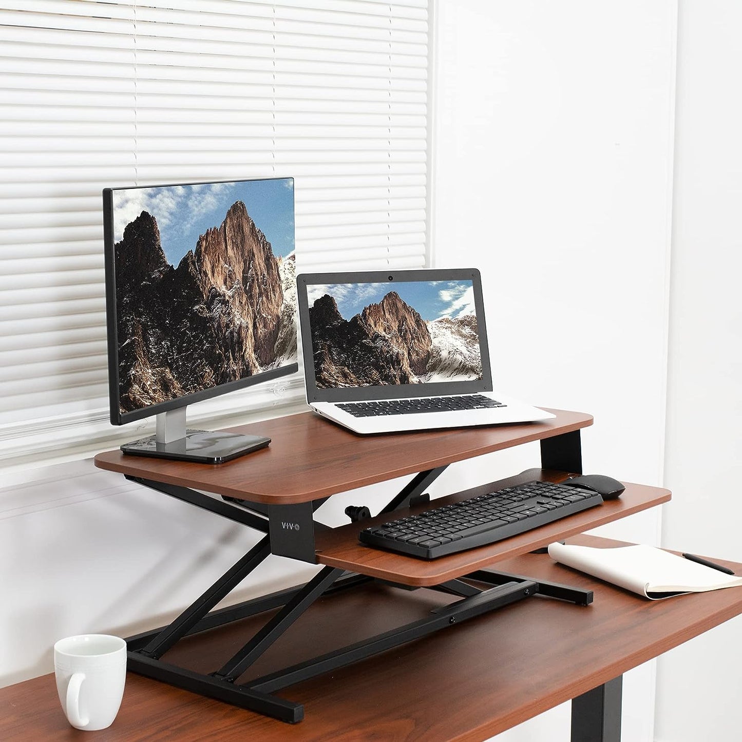 Height Adjustable 32 inch Stand Up Desk Converter, Quick Sit to Stand Tabletop Dual Monitor Riser Workstation