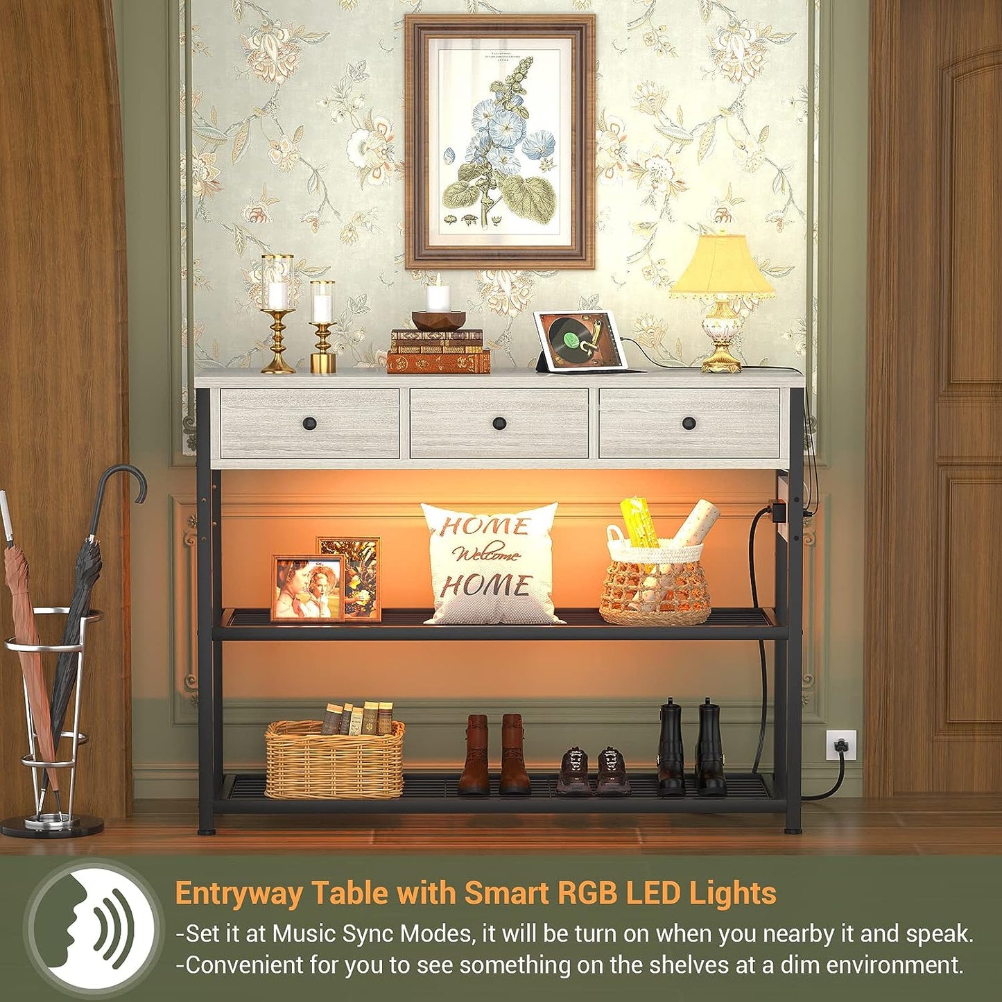 Console Table for Entryway with Power Strip, Entryway Table with RGB LED Lights, Entry Table with Storage Drawers, Sofa Tables Narrow Long for Living Room, Couch, Hallway, Foyer