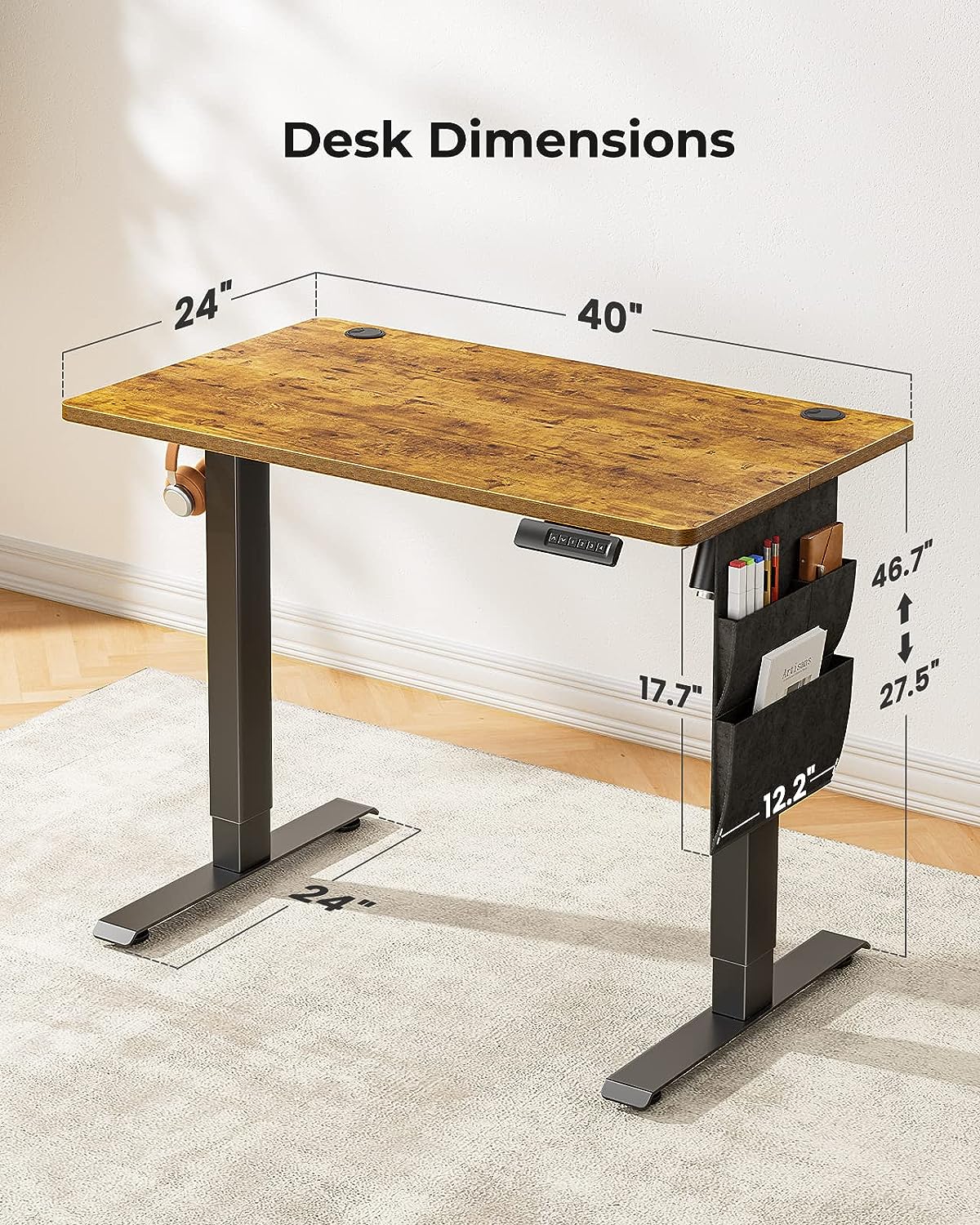 Standing Desk Adjustable Height, 40x24 Inch Electric Standing Desk with Storage Bag, Stand up Desk for Home Office Computer Desk Memory Preset with Headphone Hook