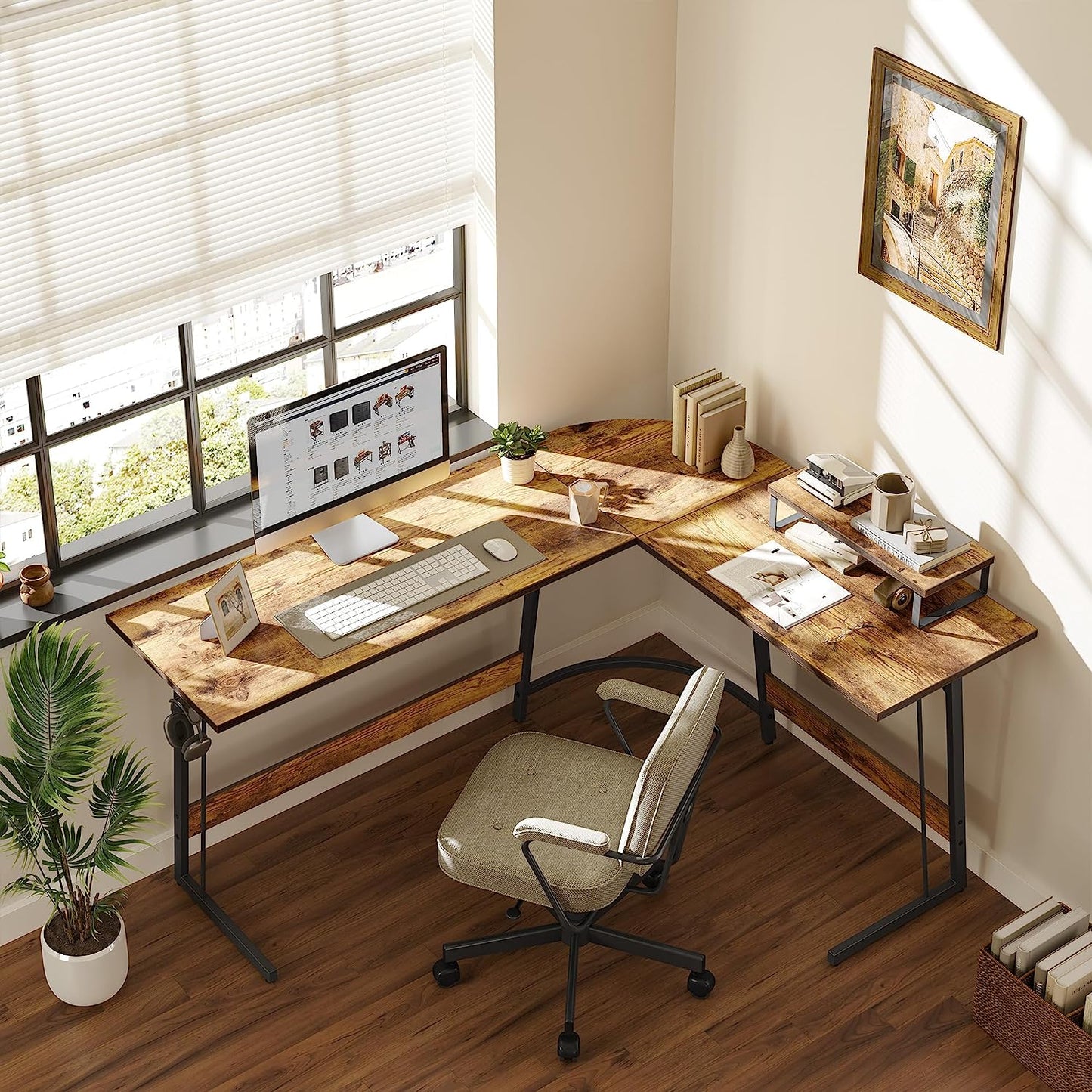 L Shaped Gaming Desk Computer Office Desk, Corner Desk with Large Monitor Stand for Home Office Study Writing Workstation
