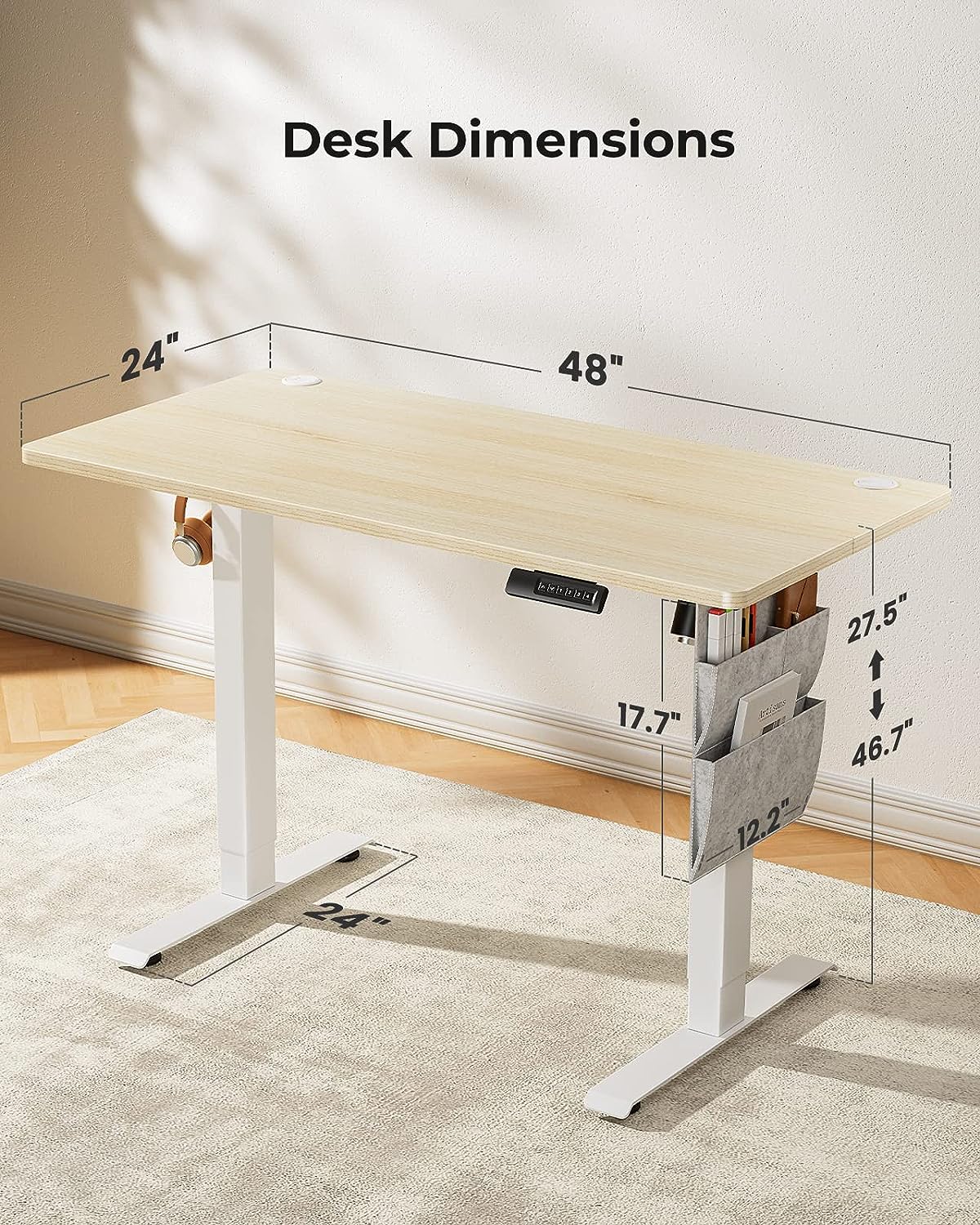 Standing Desk Adjustable Height, 40x24 Inch Electric Standing Desk with Storage Bag, Stand up Desk for Home Office Computer Desk Memory Preset with Headphone Hook