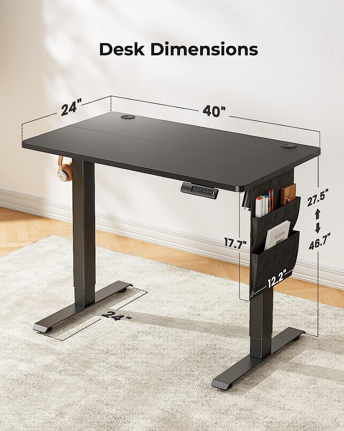 Standing Desk Adjustable Height, 40x24 Inch Electric Standing Desk with Storage Bag, Stand up Desk for Home Office Computer Desk Memory Preset with Headphone Hook