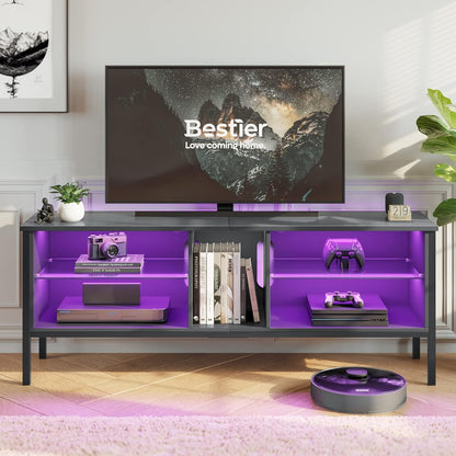 Gaming Entertainment Center for 65+ Inch TV with LED Lights & Adjustable Glass Shelves, Modern TV Stand Media Console, Fits TVs up to 75 Inch, Black Carbon Fiber Ideal for Living Room
