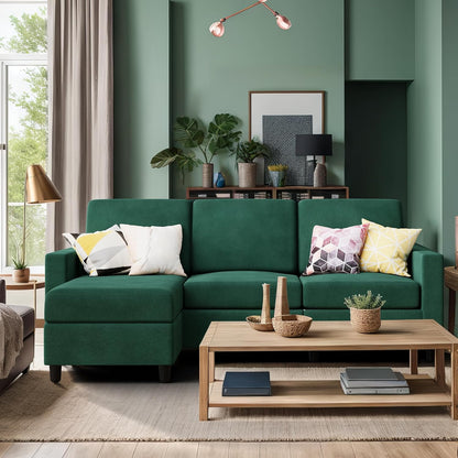 Convertible Sectional Sofa Couch, Modern Linen Fabric L-Shaped , 3-Seat Sofa Sectional with Reversible Chaise for Living Room, Apartment and Small Space