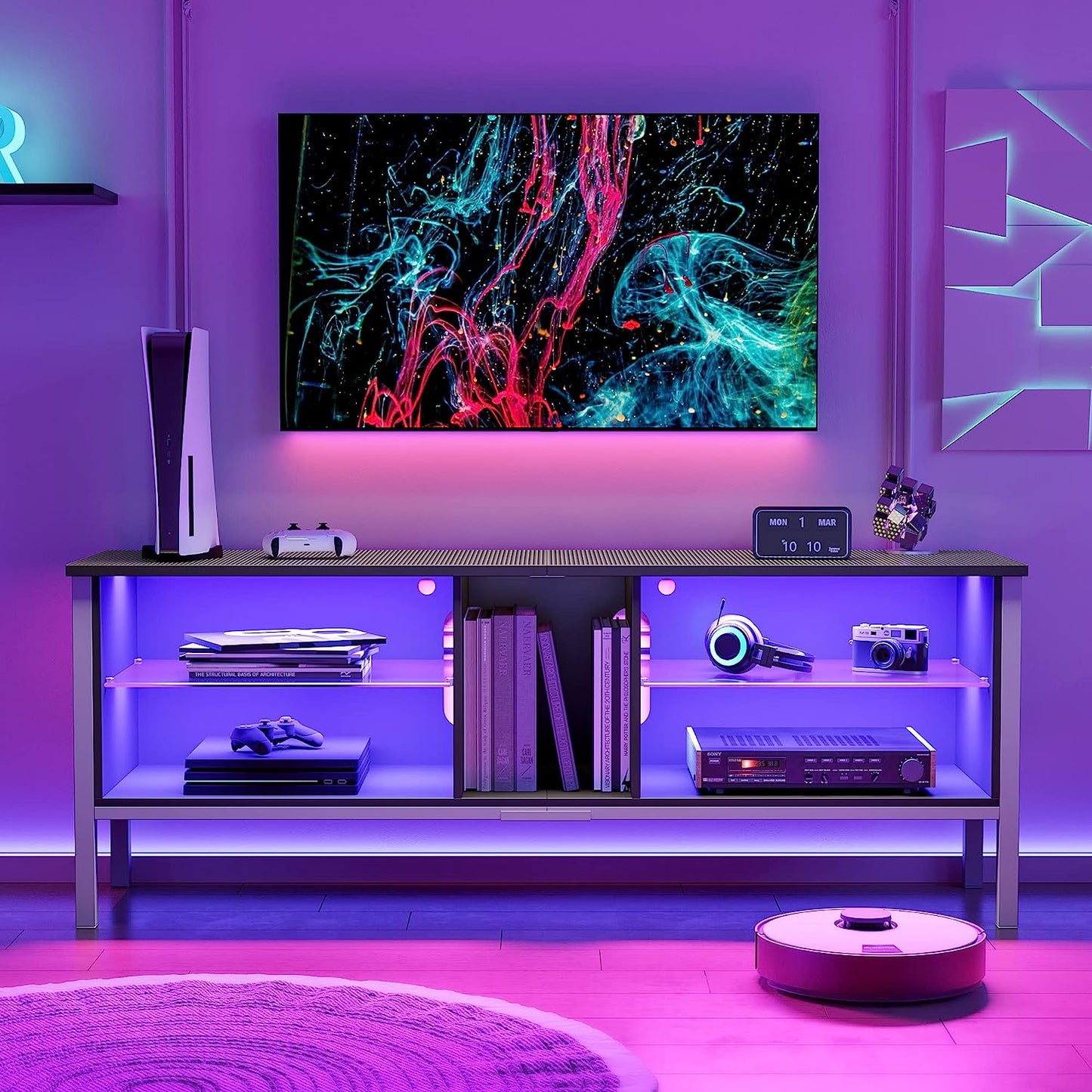 Gaming Entertainment Center for 65+ Inch TV with LED Lights & Adjustable Glass Shelves, Modern TV Stand Media Console, Fits TVs up to 75 Inch, Black Carbon Fiber Ideal for Living Room