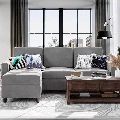 Convertible Sectional Sofa Couch, Modern Linen Fabric L-Shaped , 3-Seat Sofa Sectional with Reversible Chaise for Living Room, Apartment and Small Space