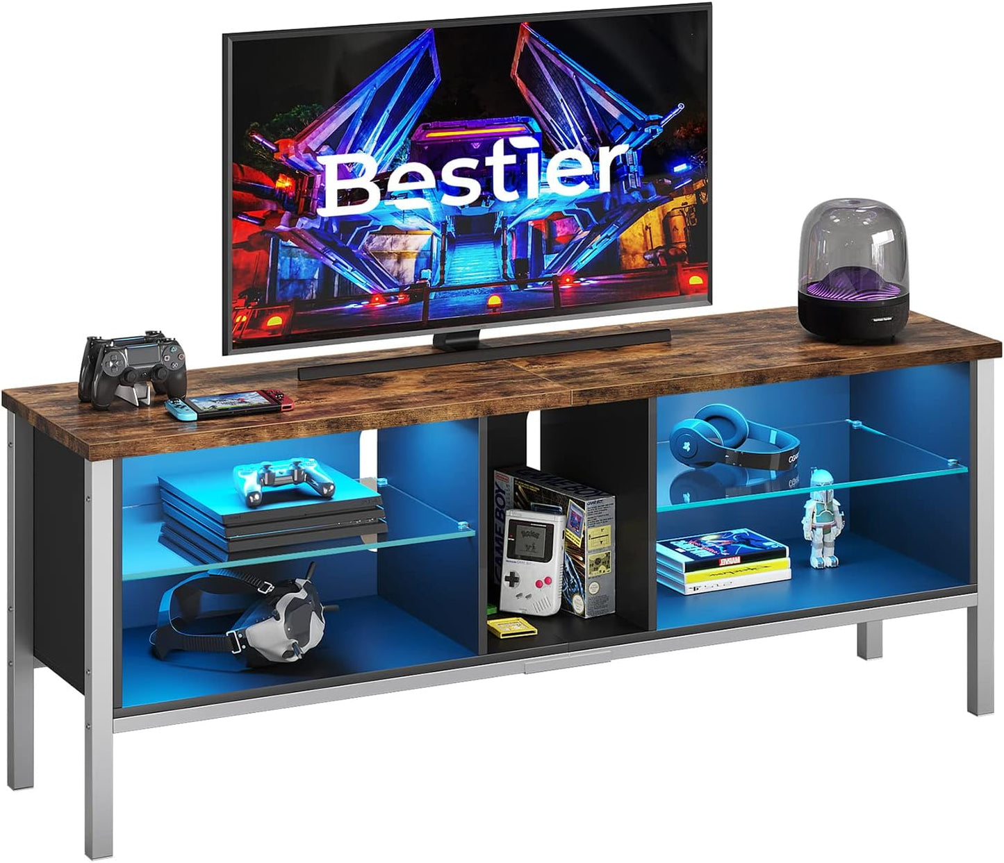 Gaming Entertainment Center for 65+ Inch TV with LED Lights & Adjustable Glass Shelves, Modern TV Stand Media Console, Fits TVs up to 75 Inch, Black Carbon Fiber Ideal for Living Room
