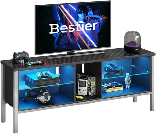 Gaming Entertainment Center for 65+ Inch TV with LED Lights & Adjustable Glass Shelves, Modern TV Stand Media Console, Fits TVs up to 75 Inch, Black Carbon Fiber Ideal for Living Room
