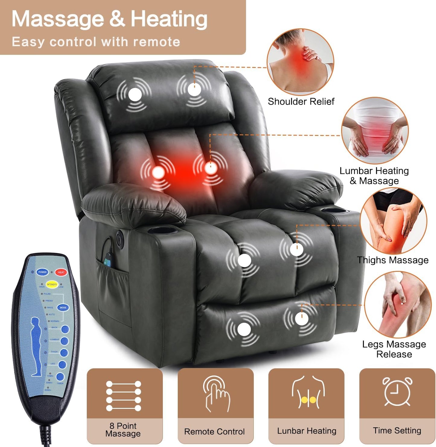Large Power Lift Recliner Chair for Elderly with Massage and Heating Function,2 Side Pocket,2 Cup Holders,USB Charge Port