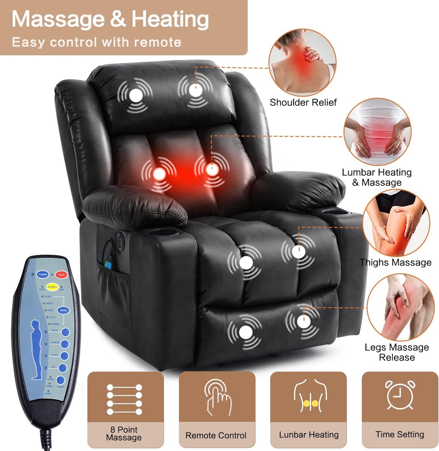 Large Power Lift Recliner Chair for Elderly with Massage and Heating Function,2 Side Pocket,2 Cup Holders,USB Charge Port