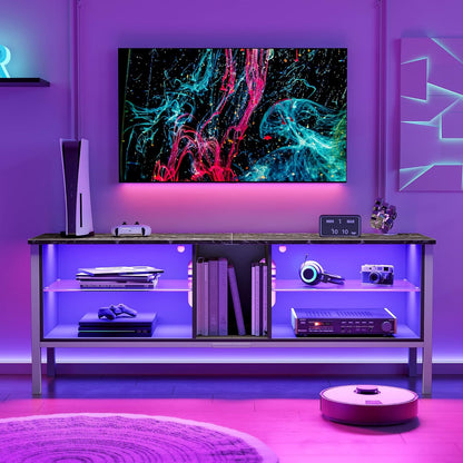 Gaming Entertainment Center for 65+ Inch TV with LED Lights & Adjustable Glass Shelves, Modern TV Stand Media Console, Fits TVs up to 75 Inch, Black Carbon Fiber Ideal for Living Room