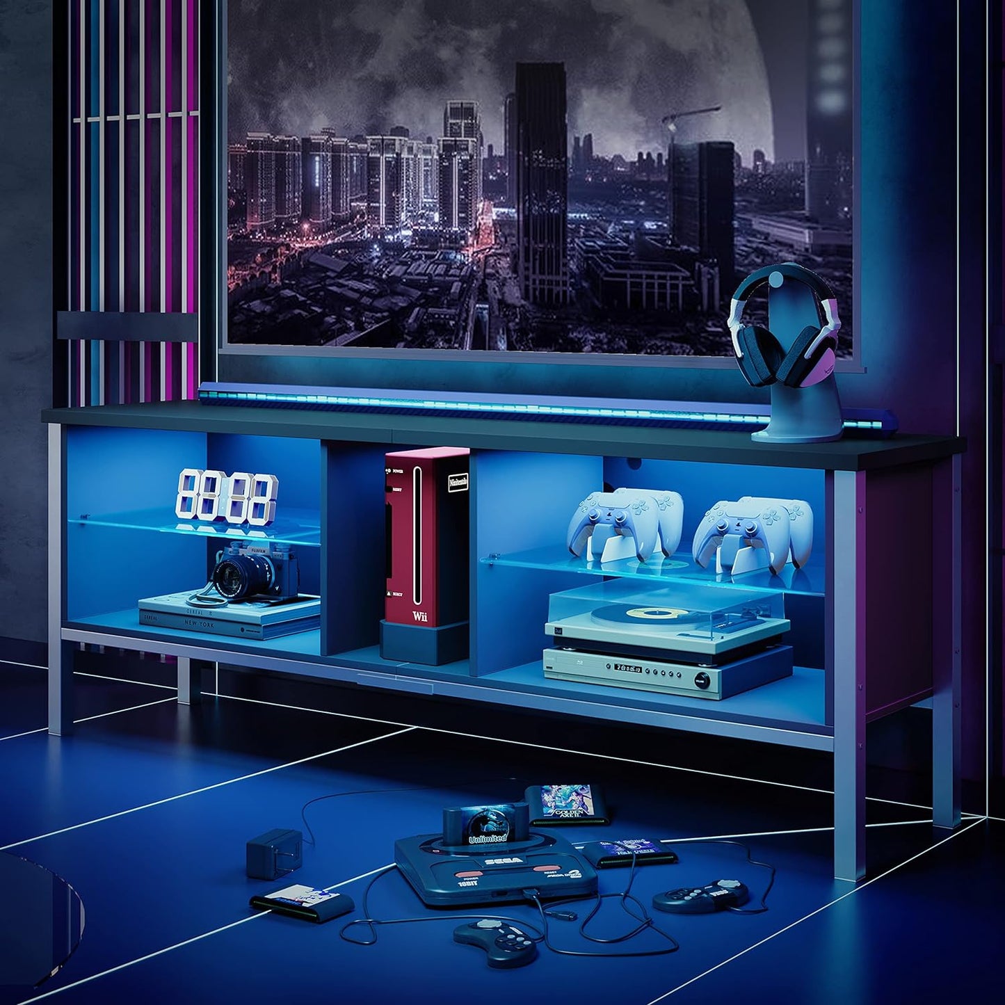 Gaming Entertainment Center for 65+ Inch TV with LED Lights & Adjustable Glass Shelves, Modern TV Stand Media Console, Fits TVs up to 75 Inch, Black Carbon Fiber Ideal for Living Room