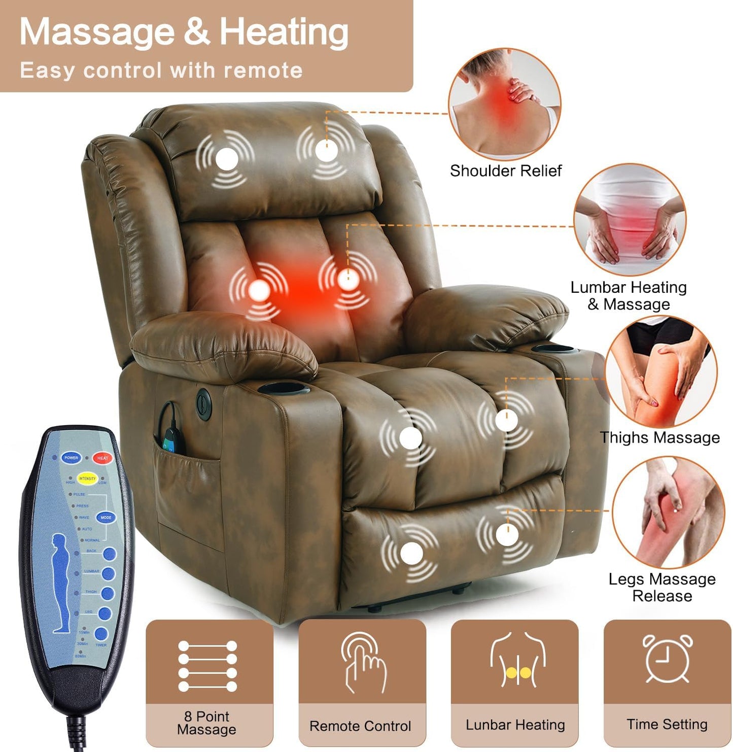 Large Power Lift Recliner Chair for Elderly with Massage and Heating Function,2 Side Pocket,2 Cup Holders,USB Charge Port