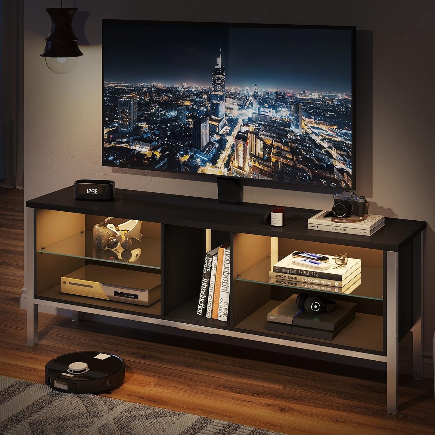 Gaming Entertainment Center for 65+ Inch TV with LED Lights & Adjustable Glass Shelves, Modern TV Stand Media Console, Fits TVs up to 75 Inch, Black Carbon Fiber Ideal for Living Room