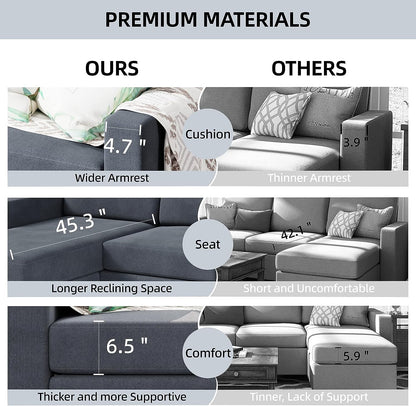 Convertible Sectional Sofa Couch, Modern Linen Fabric L-Shaped , 3-Seat Sofa Sectional with Reversible Chaise for Living Room, Apartment and Small Space