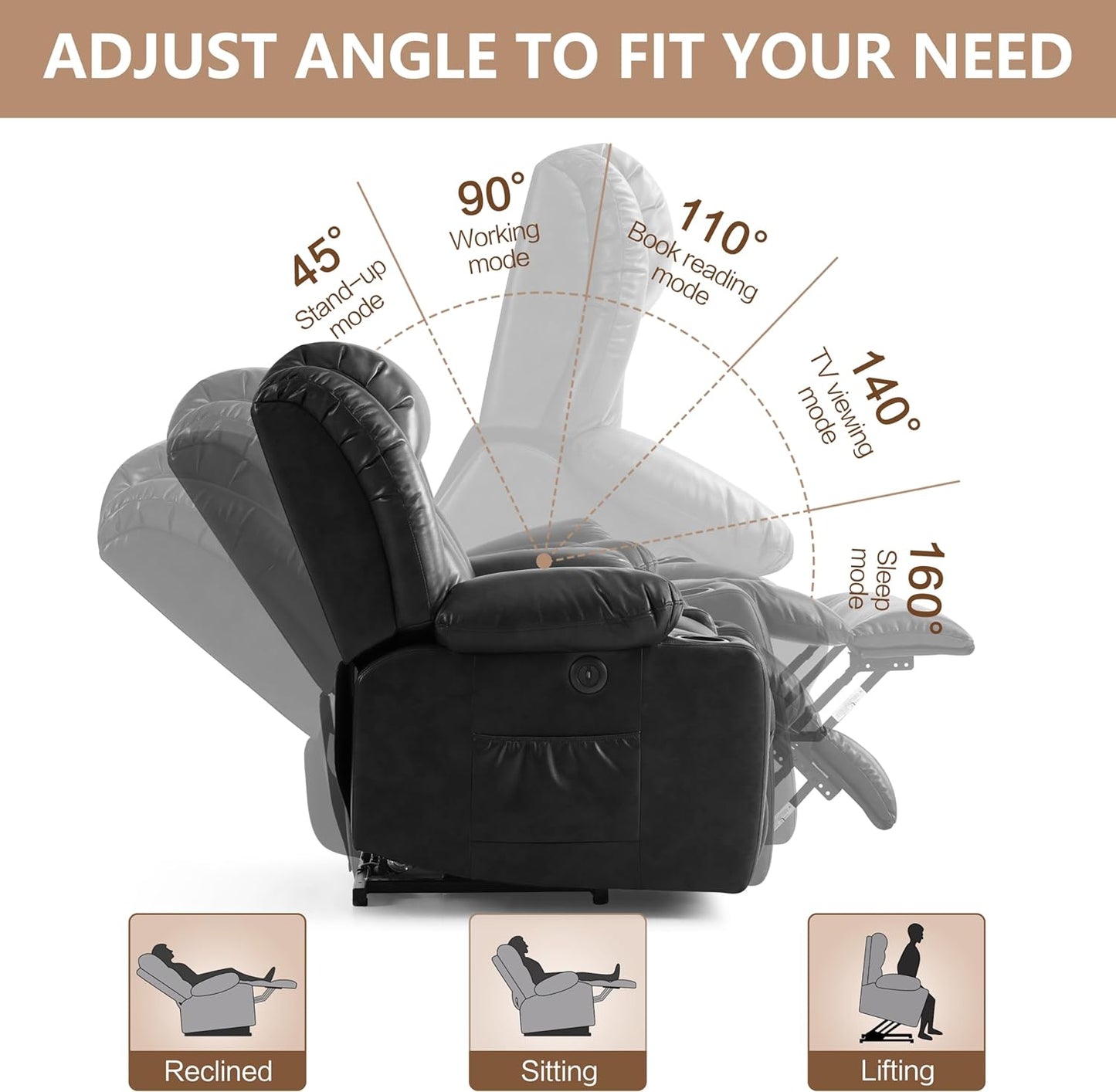 Large Power Lift Recliner Chair for Elderly with Massage and Heating Function,2 Side Pocket,2 Cup Holders,USB Charge Port