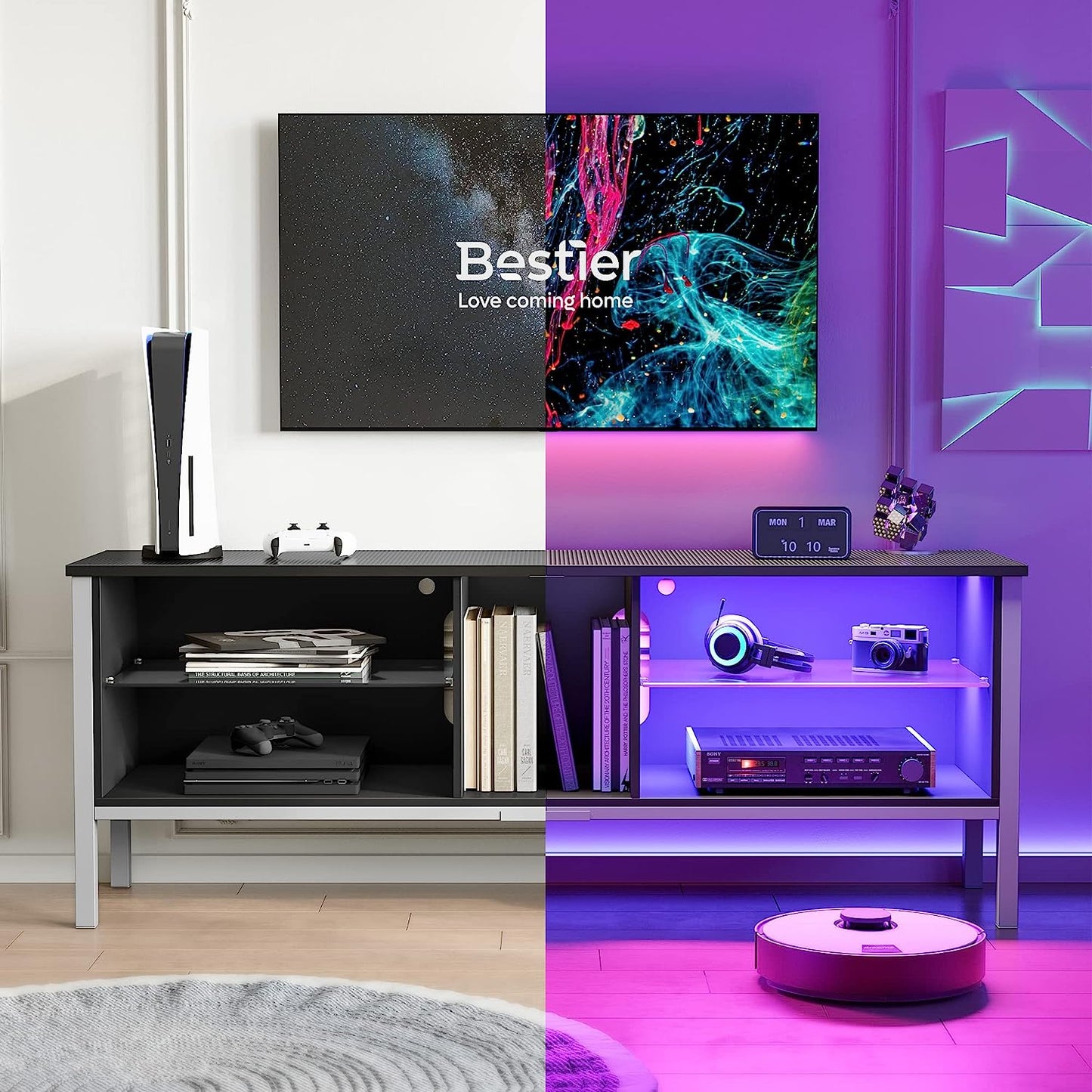 Gaming Entertainment Center for 65+ Inch TV with LED Lights & Adjustable Glass Shelves, Modern TV Stand Media Console, Fits TVs up to 75 Inch, Black Carbon Fiber Ideal for Living Room