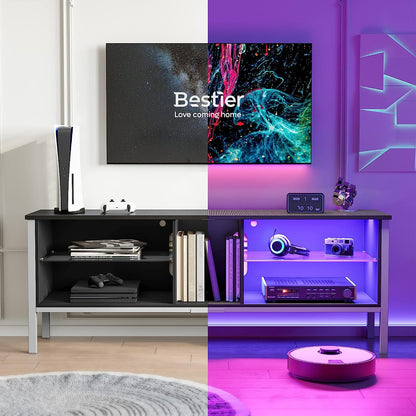 Gaming Entertainment Center for 65+ Inch TV with LED Lights & Adjustable Glass Shelves, Modern TV Stand Media Console, Fits TVs up to 75 Inch, Black Carbon Fiber Ideal for Living Room