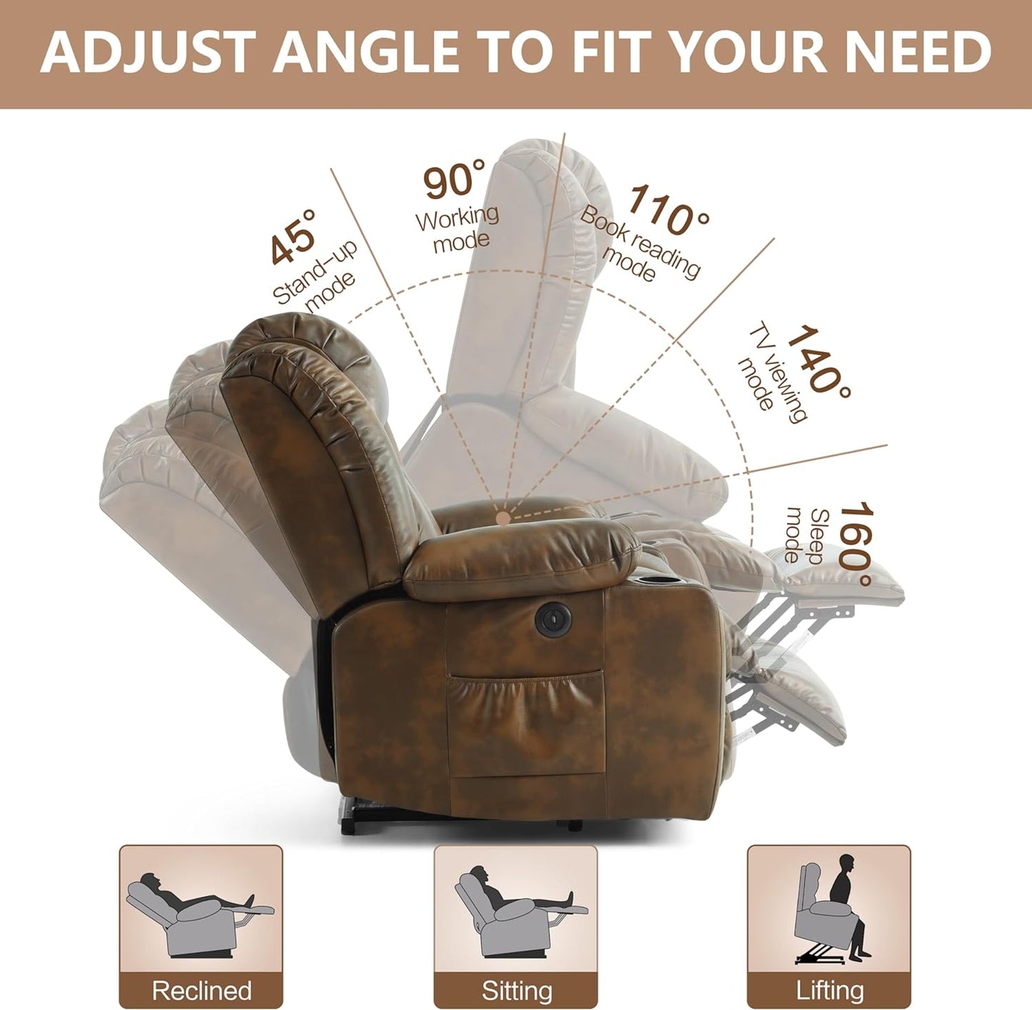Large Power Lift Recliner Chair for Elderly with Massage and Heating Function,2 Side Pocket,2 Cup Holders,USB Charge Port
