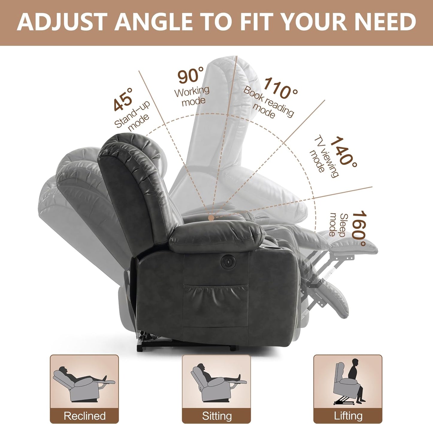 Large Power Lift Recliner Chair for Elderly with Massage and Heating Function,2 Side Pocket,2 Cup Holders,USB Charge Port