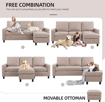 Convertible Sectional Sofa Couch, Modern Linen Fabric L-Shaped , 3-Seat Sofa Sectional with Reversible Chaise for Living Room, Apartment and Small Space