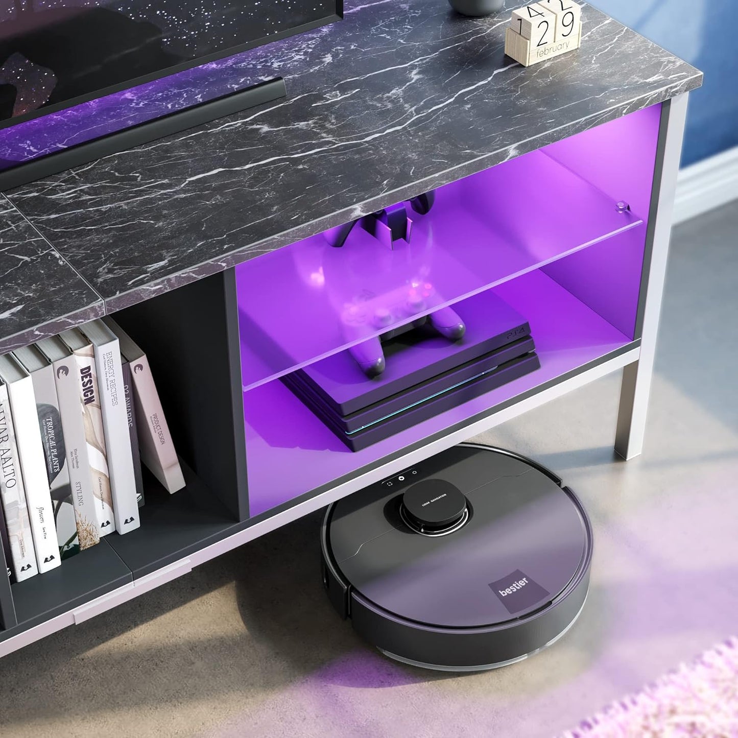 Gaming Entertainment Center for 65+ Inch TV with LED Lights & Adjustable Glass Shelves, Modern TV Stand Media Console, Fits TVs up to 75 Inch, Black Carbon Fiber Ideal for Living Room