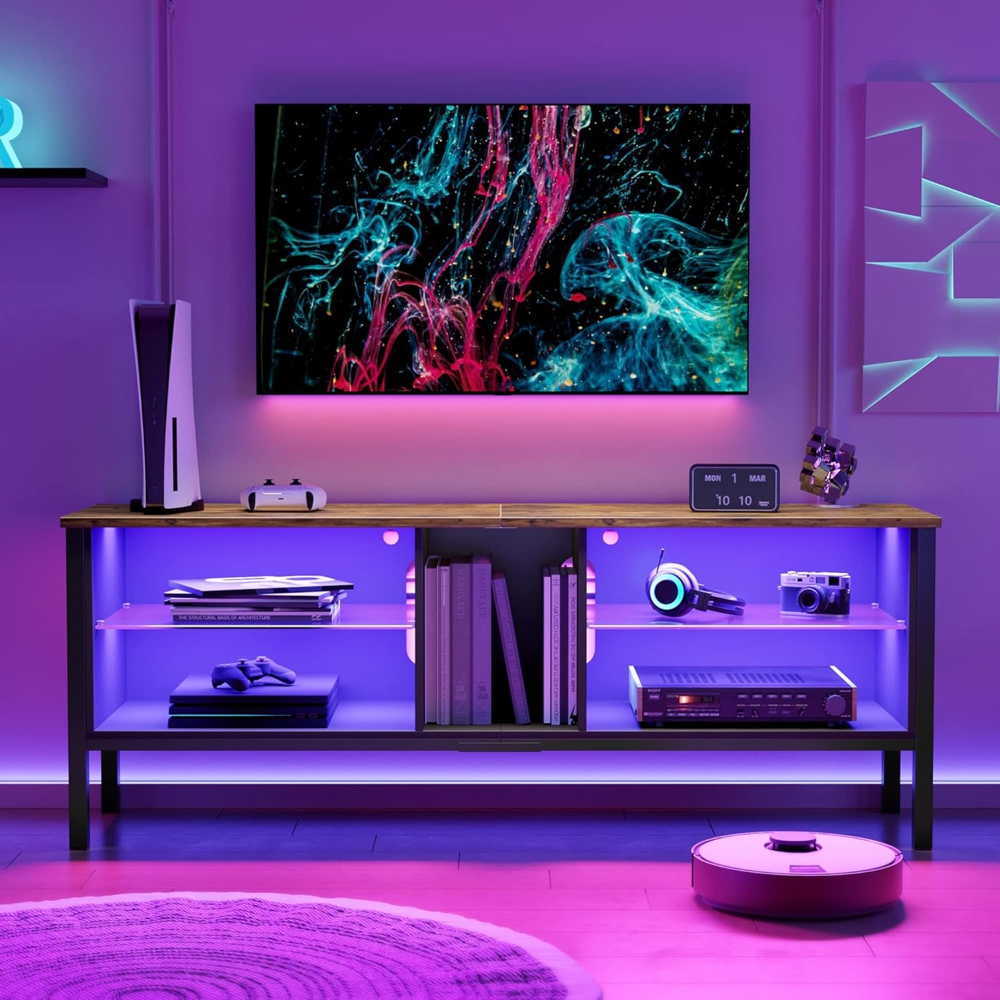 Gaming Entertainment Center for 65+ Inch TV with LED Lights & Adjustable Glass Shelves, Modern TV Stand Media Console, Fits TVs up to 75 Inch, Black Carbon Fiber Ideal for Living Room