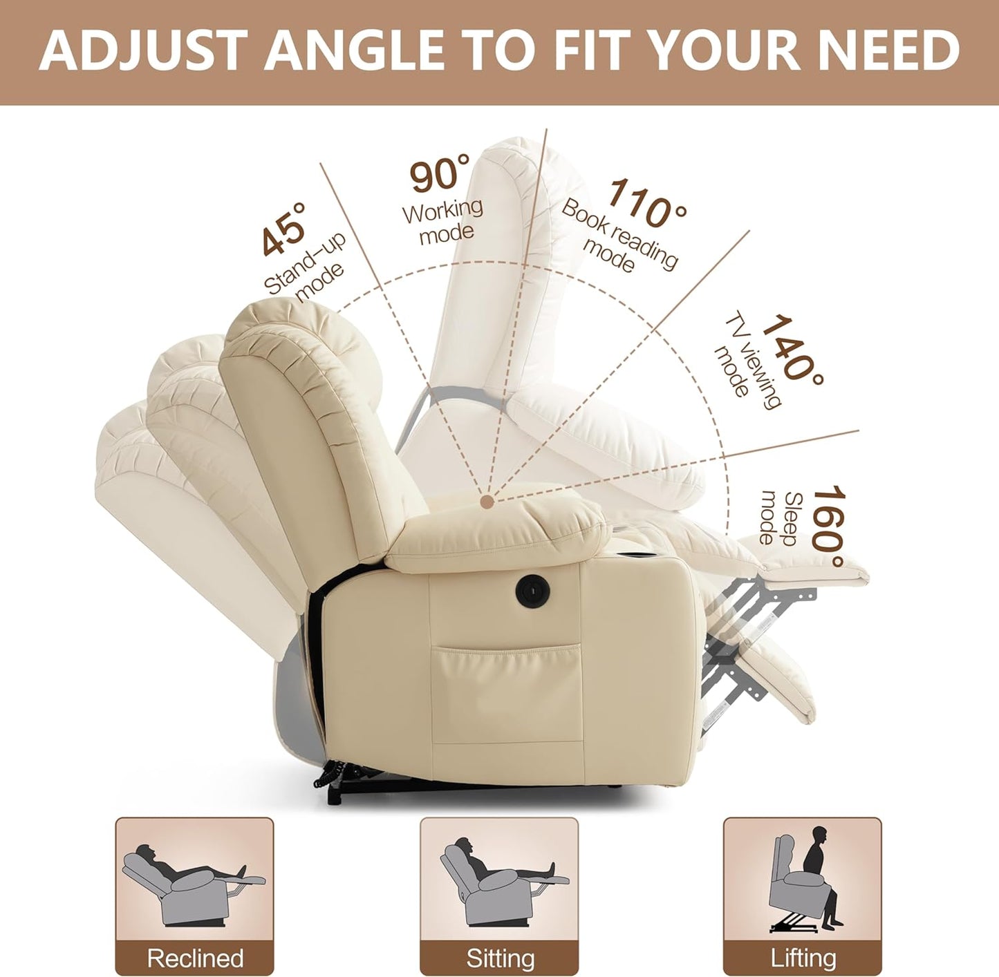 Large Power Lift Recliner Chair for Elderly with Massage and Heating Function,2 Side Pocket,2 Cup Holders,USB Charge Port